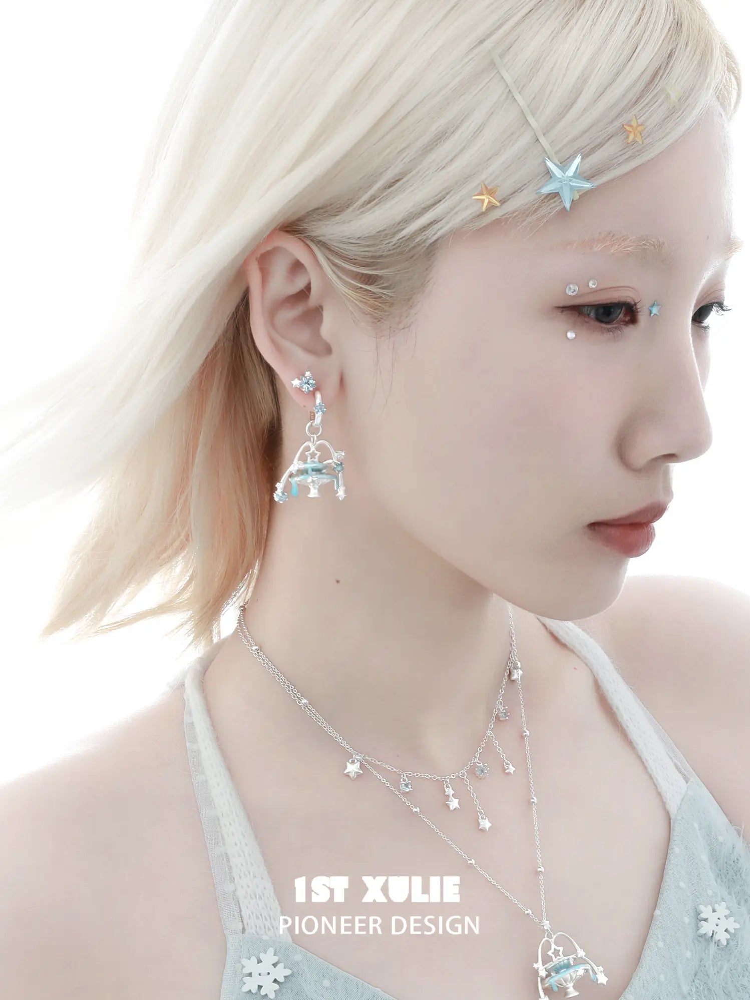1ST XULIE Jewelry "WISHING STAR" Wishing Pool Dangle Fan Earrings in Rhodium Plated Brass - On Model