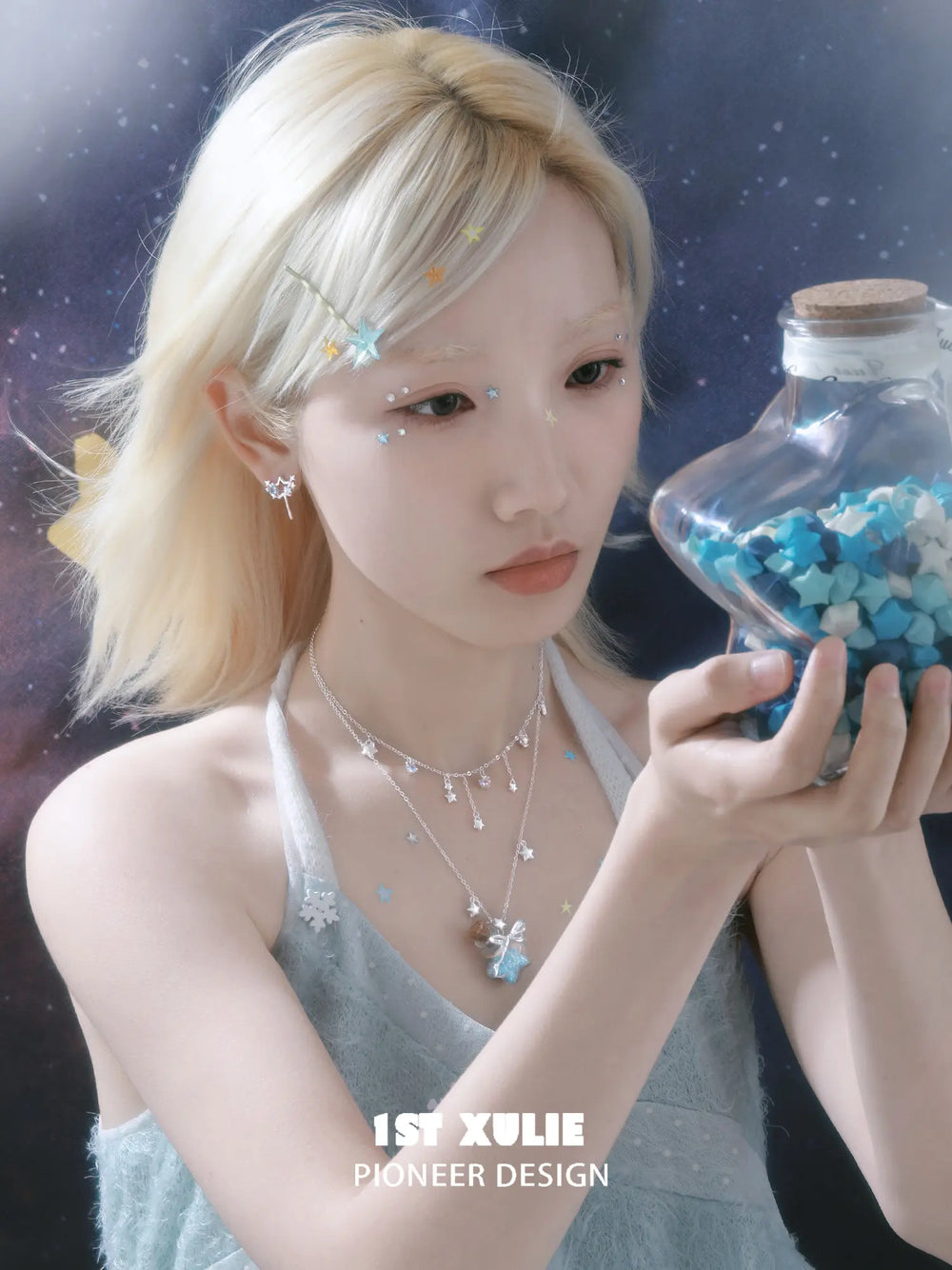 1ST XULIE Jewelry "WISHING STAR" Wishing Pool Dangle Fan Earrings in Rhodium Plated Brass - Side View