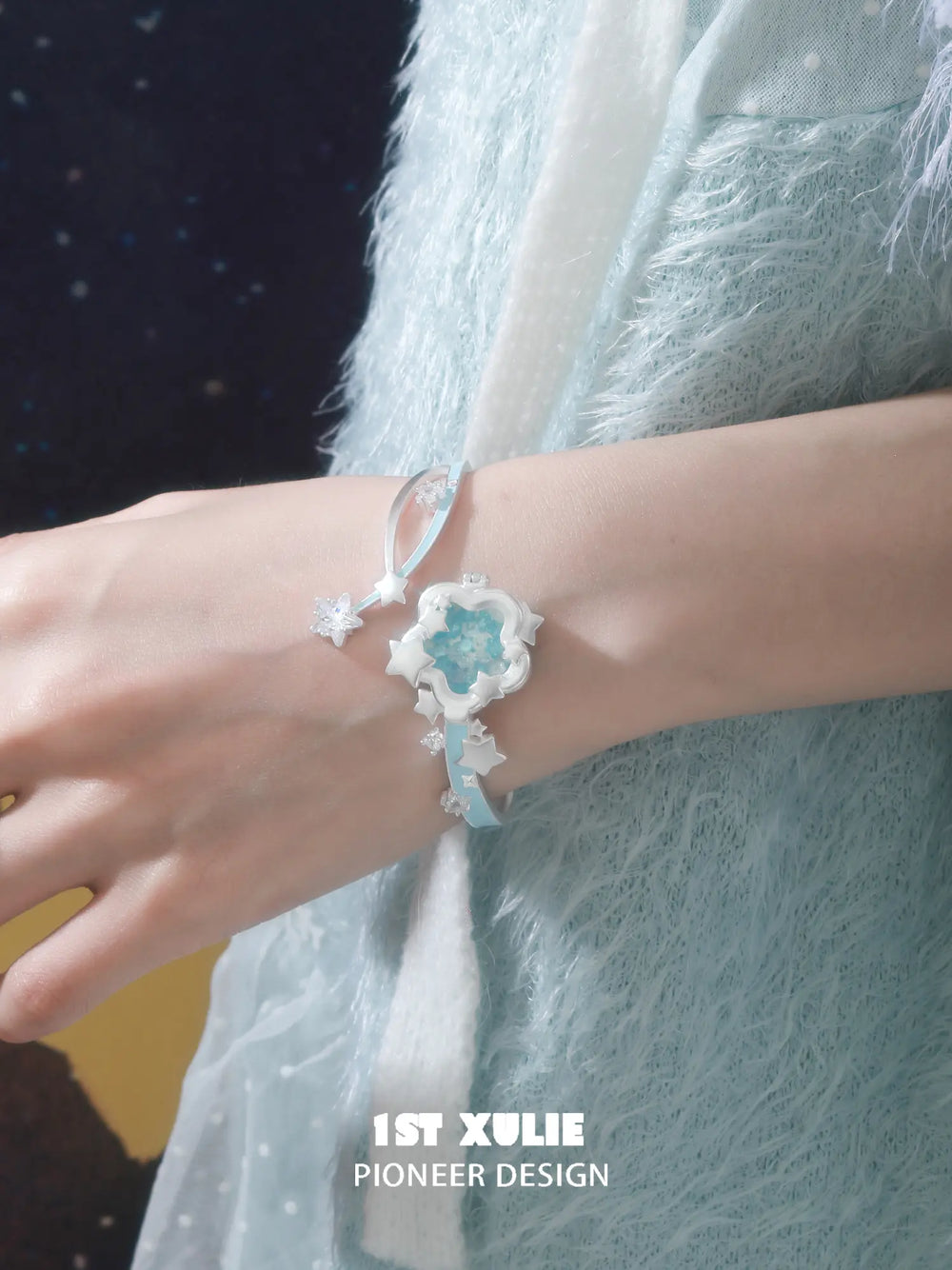 1ST XULIE Jewelry "WISHING STAR" Wishing Star Flip Bangle in Rhodium Plated Brass - Angle 1
