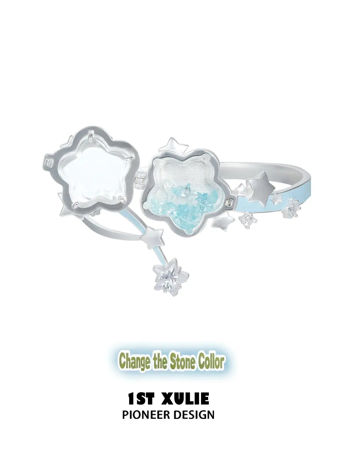 1ST XULIE Jewelry "WISHING STAR" Wishing Star Flip Bangle in Rhodium Plated Brass - On Model