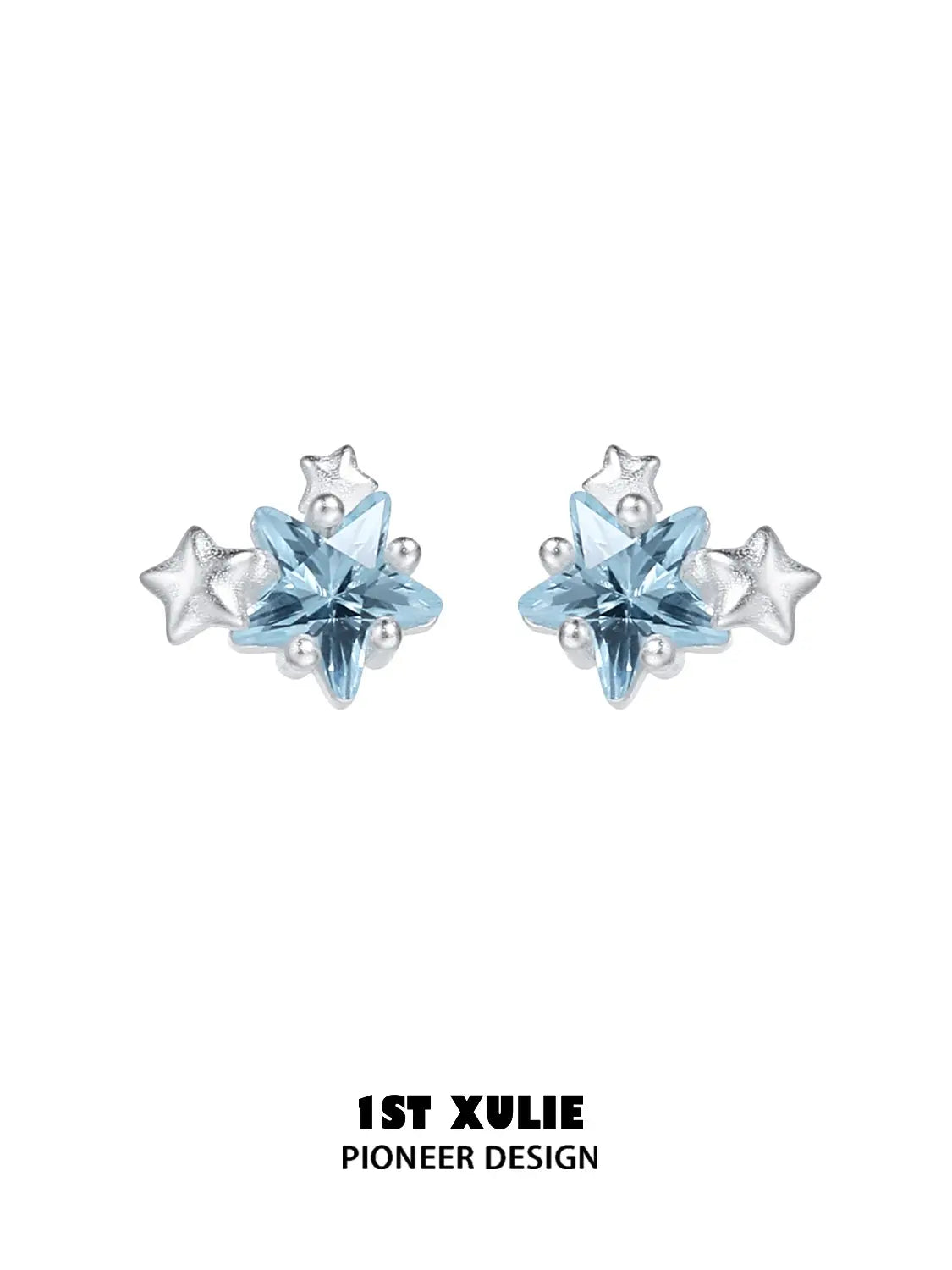 1ST XULIE Jewelry "WISHING STAR" Zirconia Wishing Star Stud Earrings in Rhodium Plated Brass - Angle View