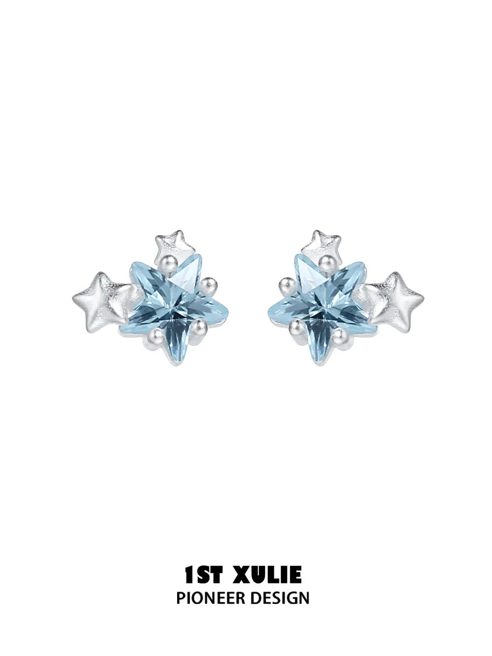 1ST XULIE Jewelry "WISHING STAR" Zirconia Wishing Star Stud Earrings in Rhodium Plated Brass - Angle View