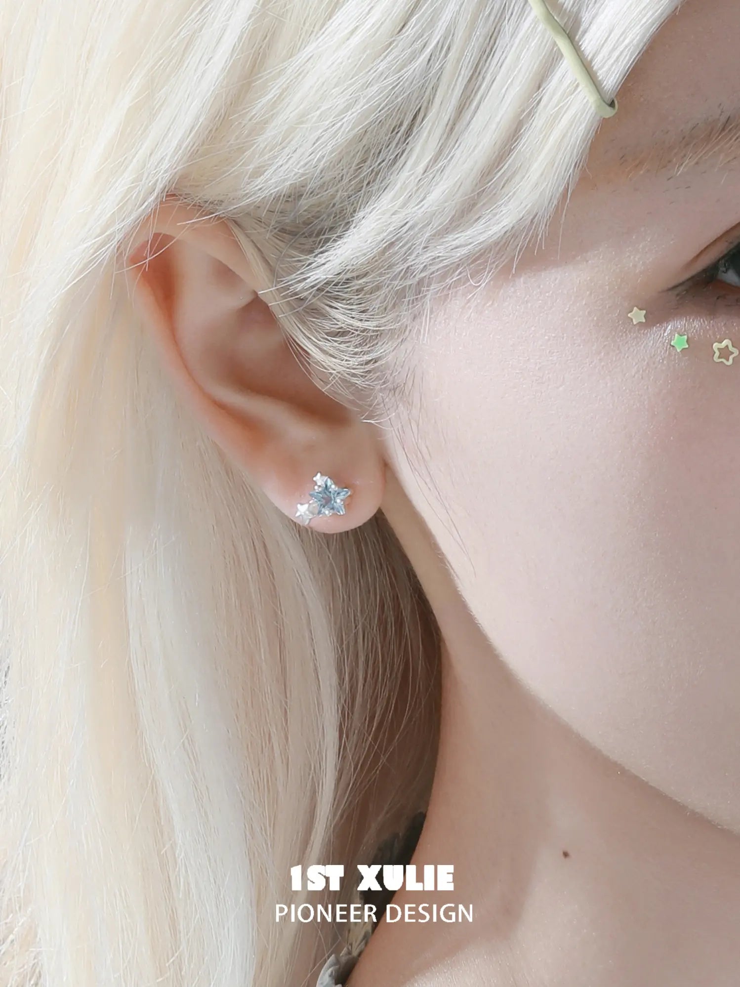 1ST XULIE Jewelry "WISHING STAR" Zirconia Wishing Star Stud Earrings in Rhodium Plated Brass - Side View