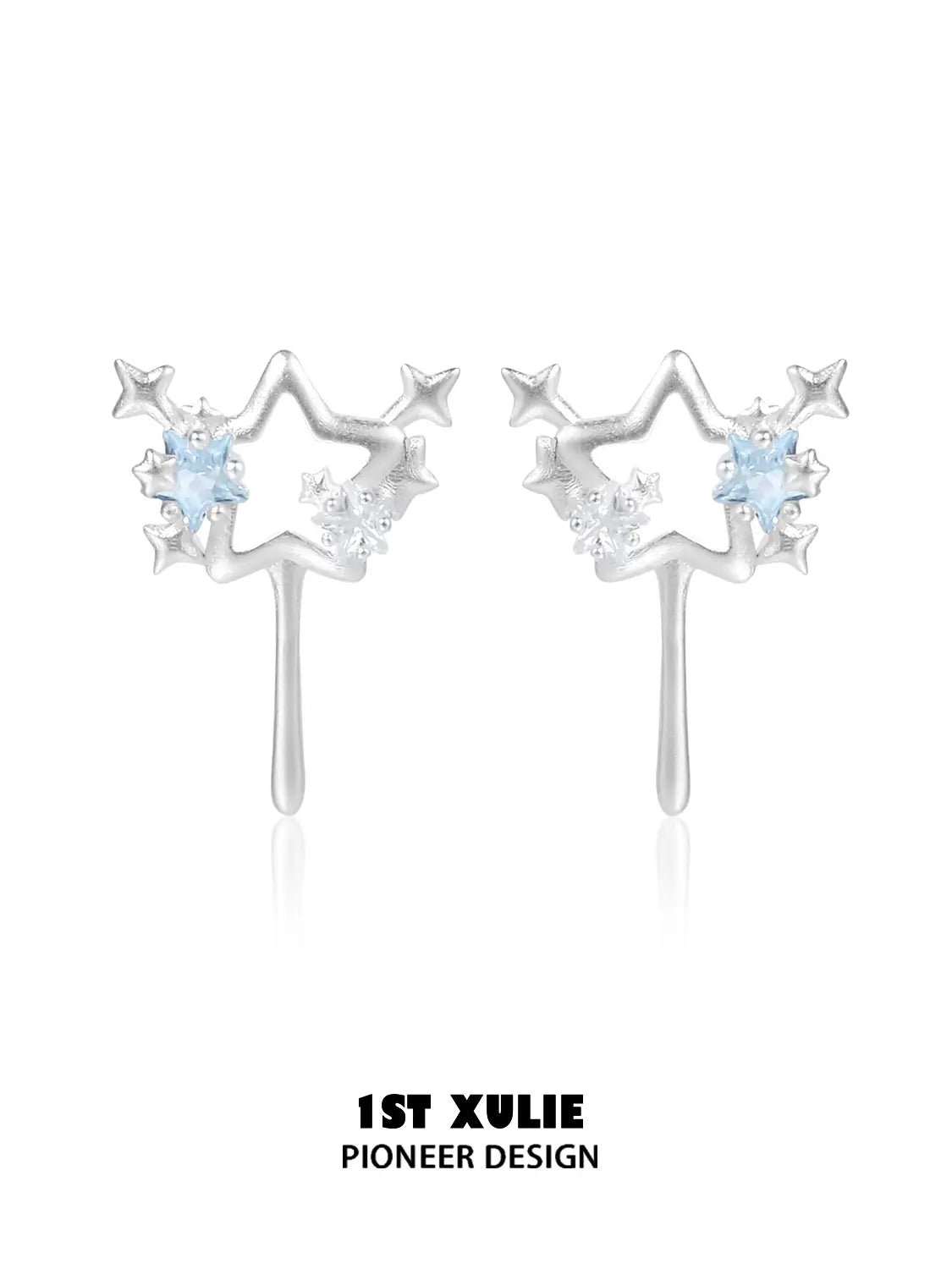 1ST XULIE Jewelry "WISHING STAR" Wishing Wand Zirconia Stud Earrings in Rhodium Plated - Angle 1