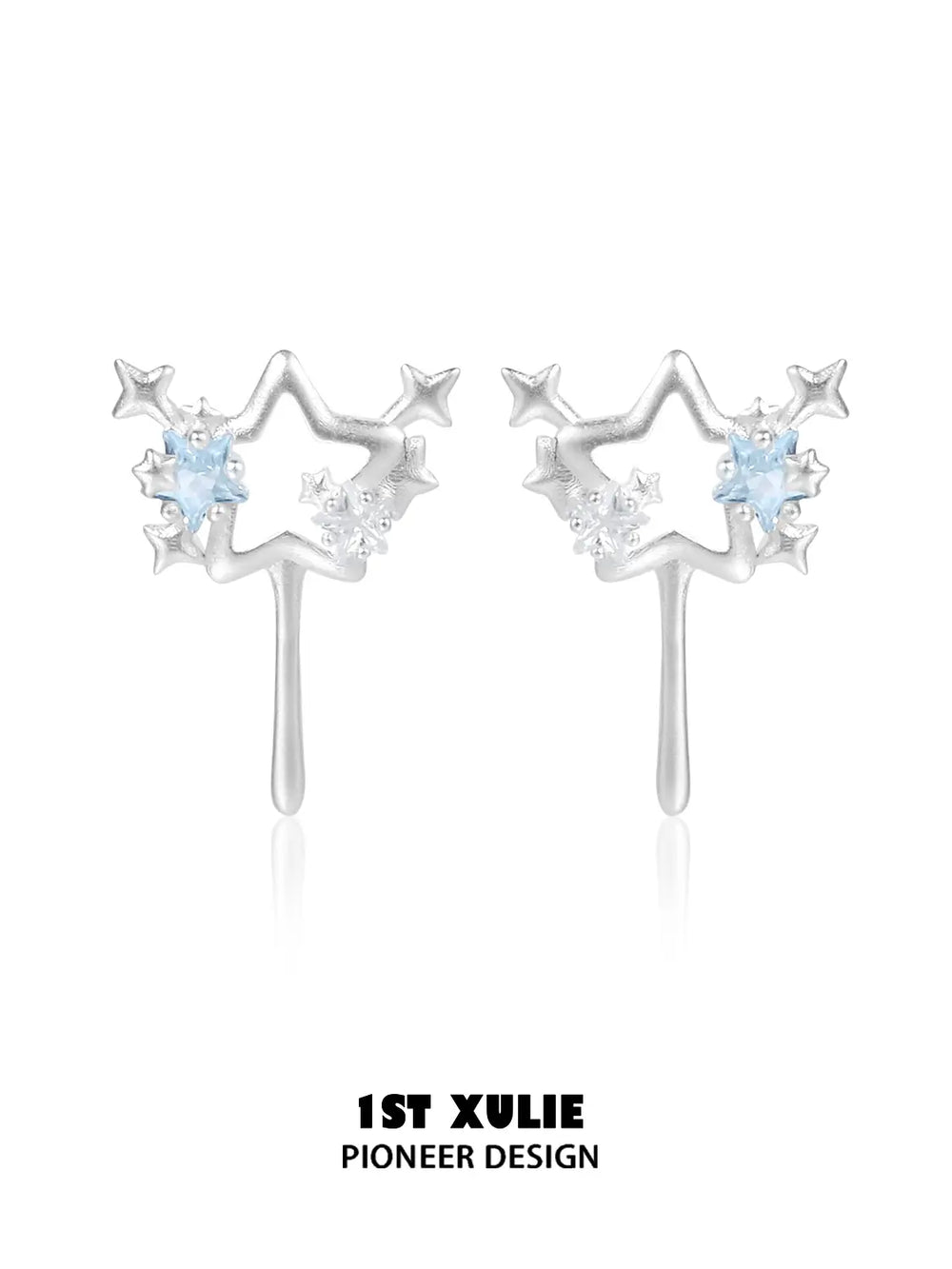 1ST XULIE Jewelry "WISHING STAR" Wishing Wand Zirconia Stud Earrings in Rhodium Plated - Angle 1