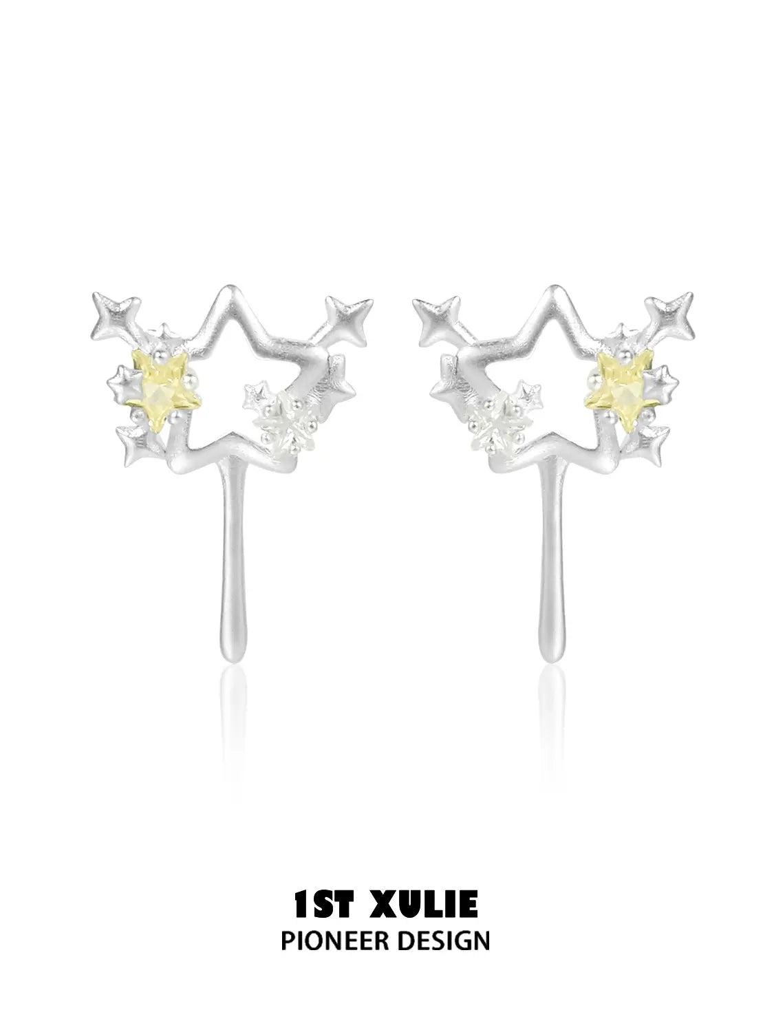 1ST XULIE Jewelry "WISHING STAR" Wishing Wand Zirconia Stud Earrings in Rhodium Plated - Angle 3