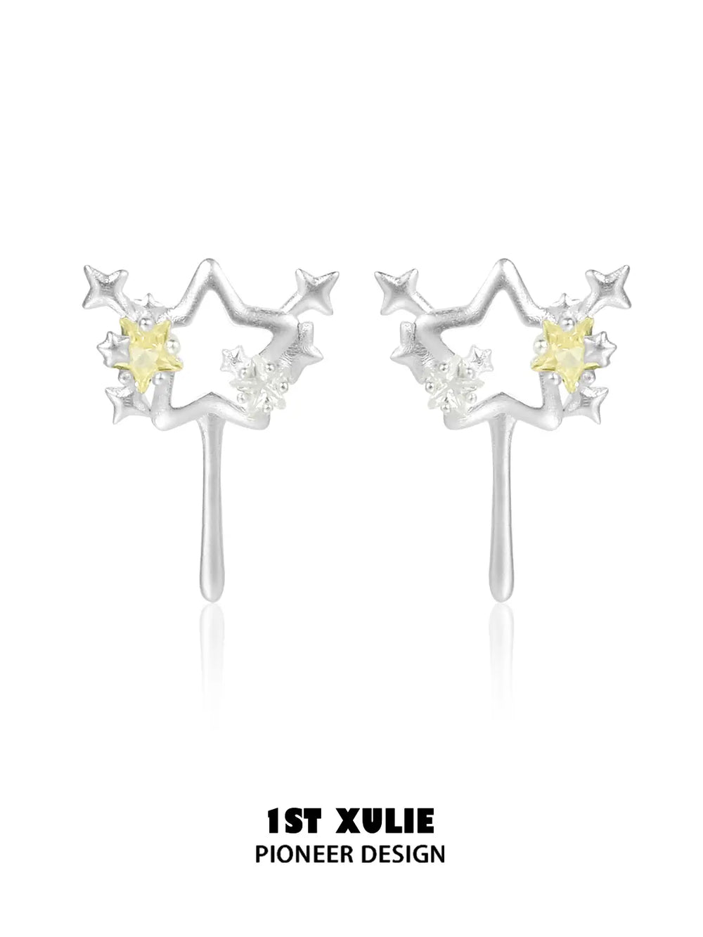 1ST XULIE Jewelry "WISHING STAR" Wishing Wand Zirconia Stud Earrings in Rhodium Plated - Angle 3