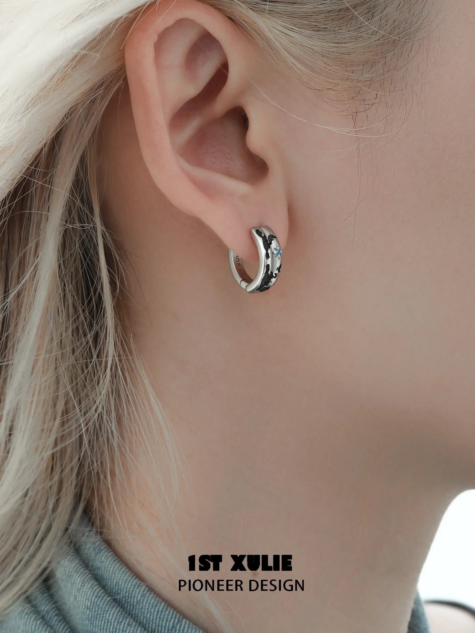 1ST XULIE "Mini World" Travel-Inspired World Map Huggie Hoop Earrings in Platinum Plated - Detail Shot