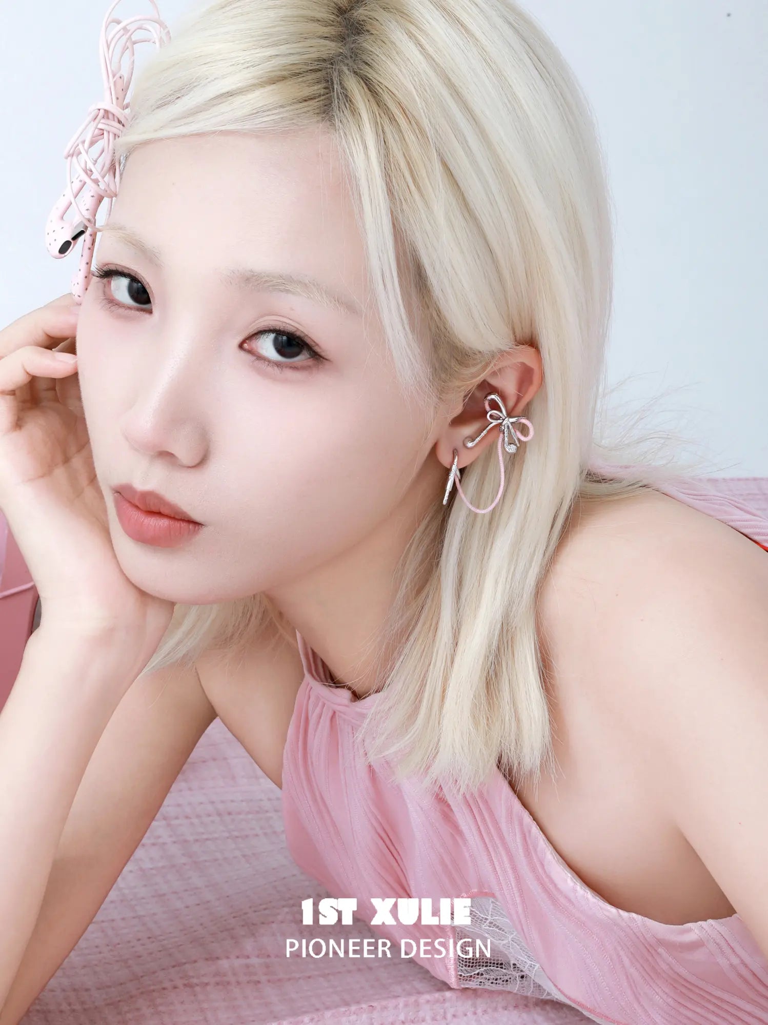 1ST XULIE Jewelry "MILLENNIUM SIGNAL" Y2K Earphone Bow Ear Cuffs in Platinum Plated - Product View