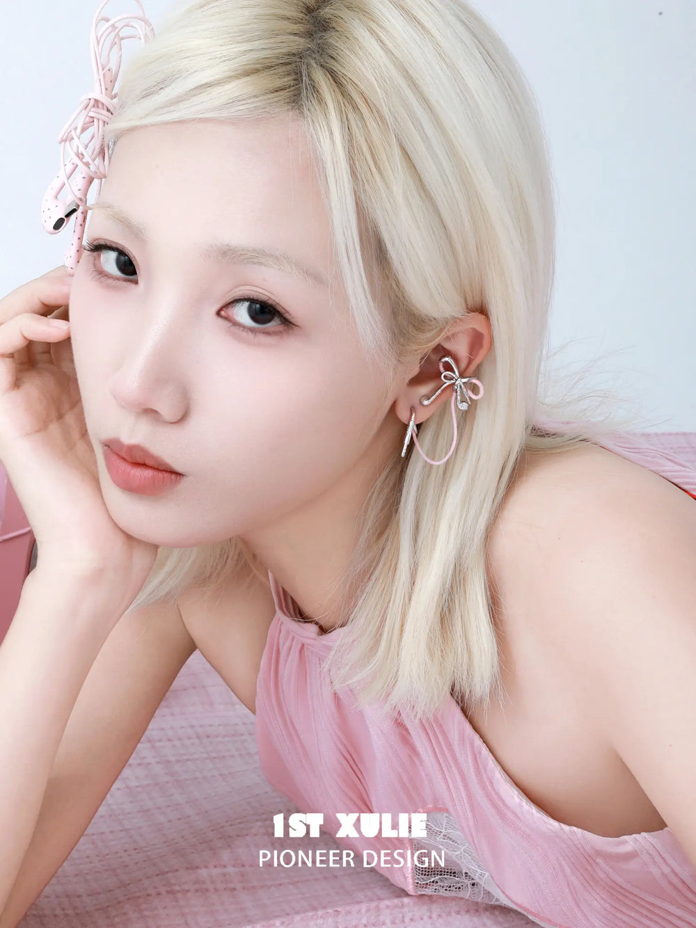 1ST XULIE Jewelry "MILLENNIUM SIGNAL" Y2K Earphone Bow Ear Cuffs in Platinum Plated - Product View