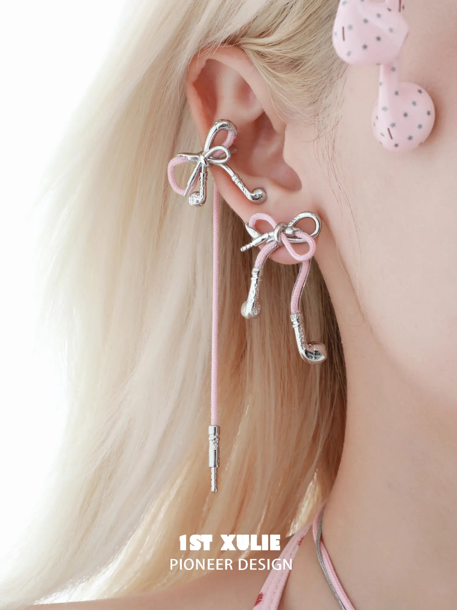 1ST XULIE Jewelry "MILLENNIUM SIGNAL" Y2K Earphone Bow Ear Cuffs in Platinum Plated - Side View