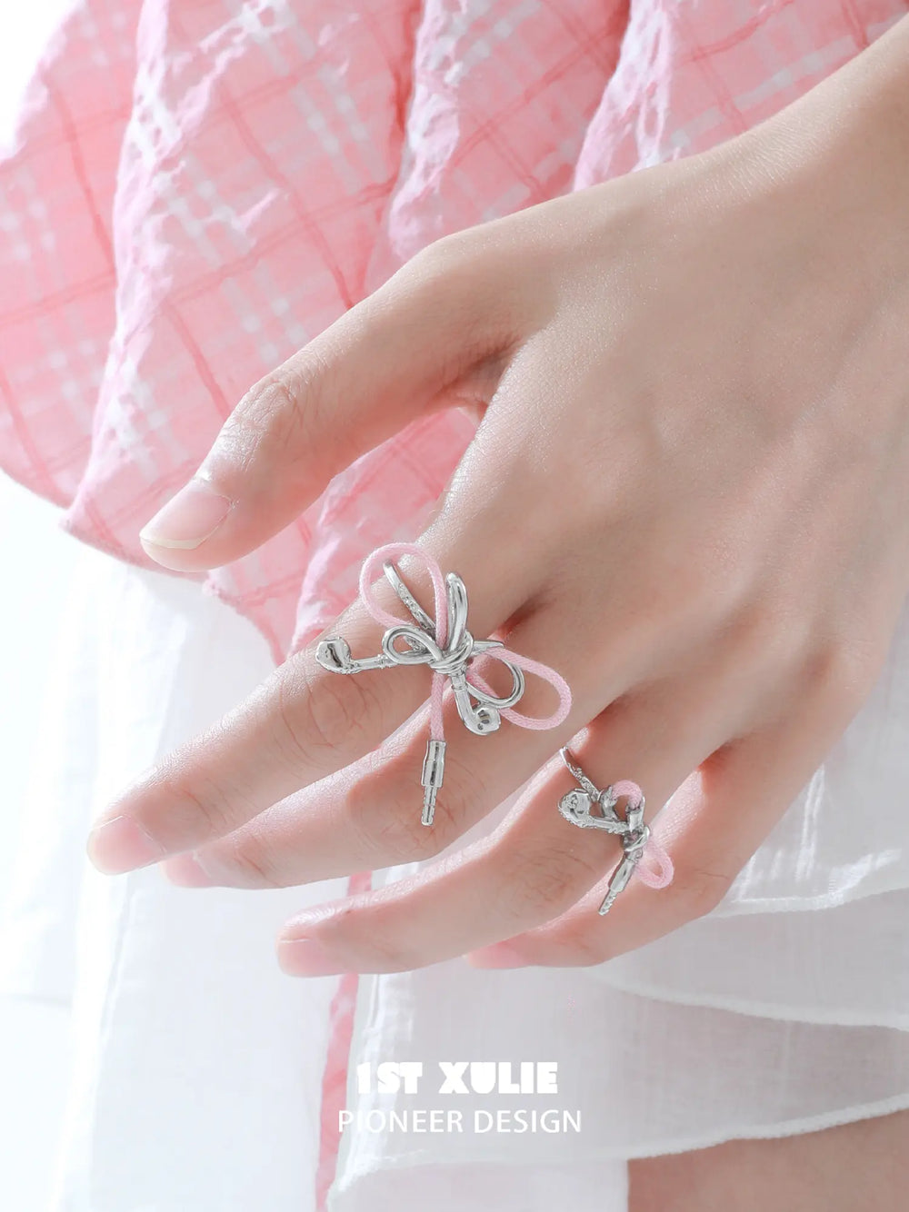 1ST XULIE Jewelry "MILLENNIUM SIGNAL" Y2K Earphone Bow Statement Ring in Platinum Plated - Alternate Angle