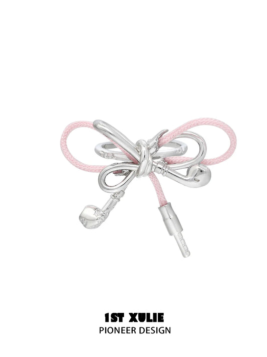 1ST XULIE Jewelry "MILLENNIUM SIGNAL" Y2K Earphone Bow Statement Ring in Platinum Plated - Lifestyle Shot