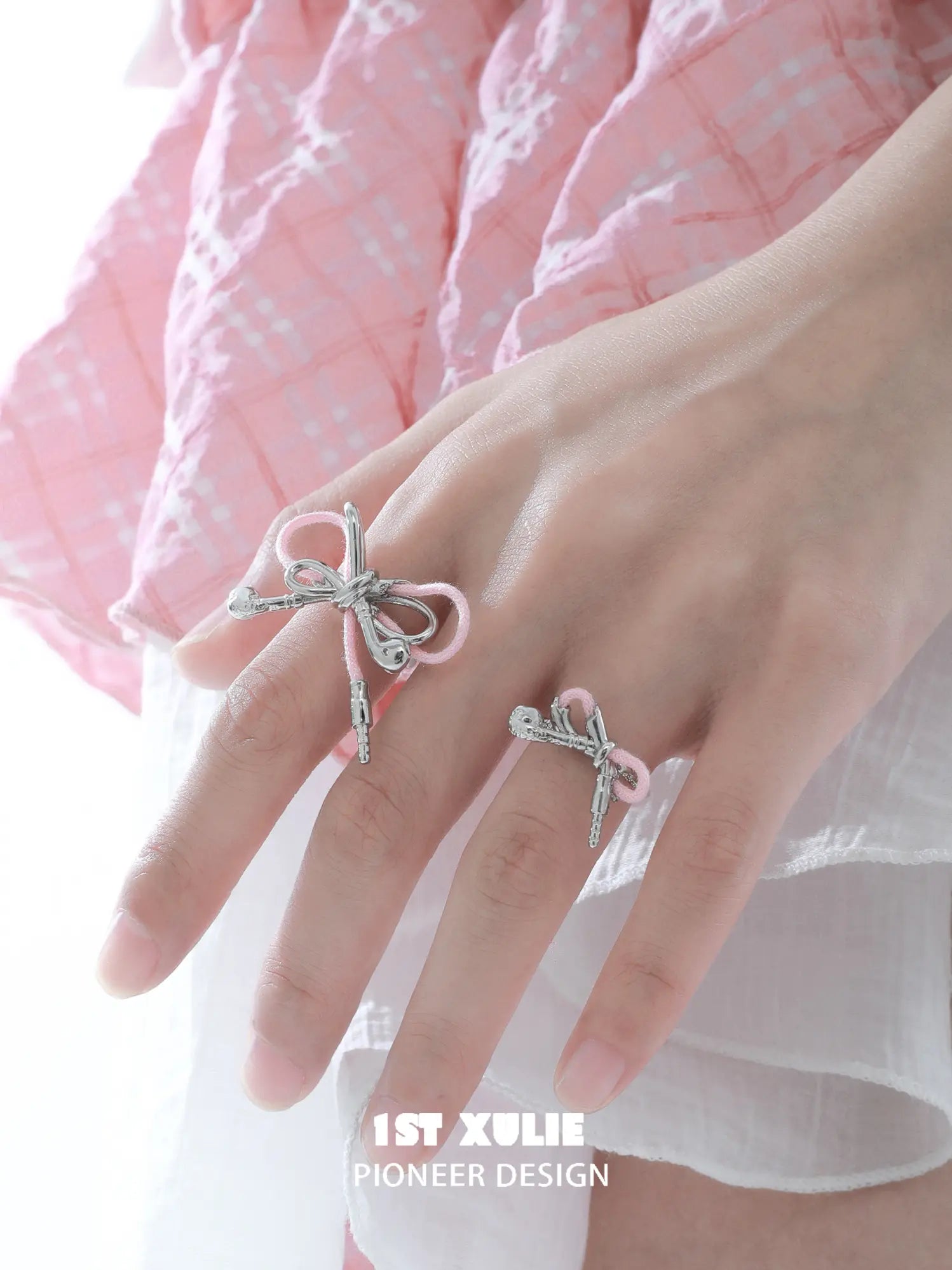 1ST XULIE Jewelry "MILLENNIUM SIGNAL" Y2K Earphone Bow Statement Ring in Platinum Plated - Product View