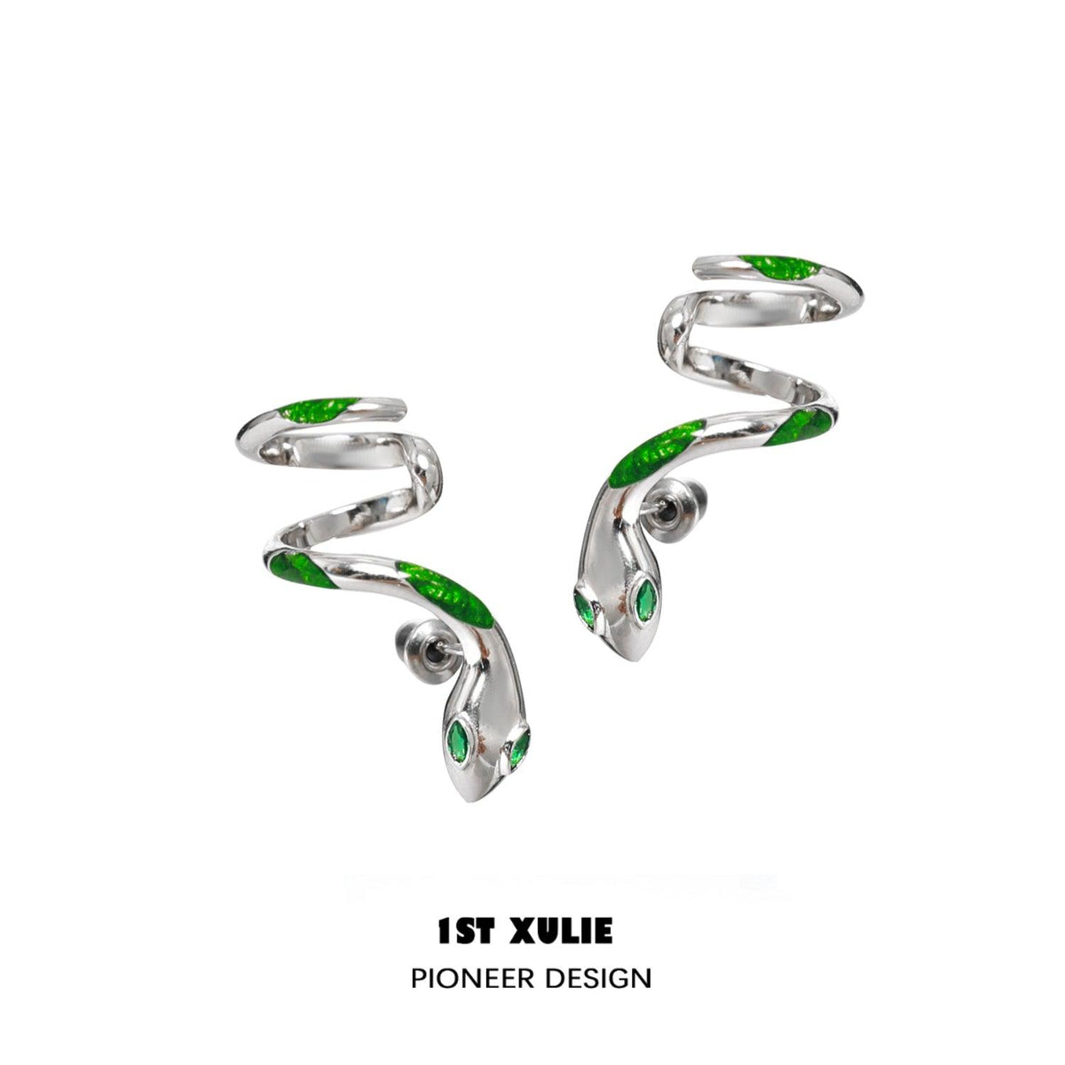 1ST XULIE "Slytherin House" Y2K Serpent Huggie Earrings in Platinum Plate - Product View