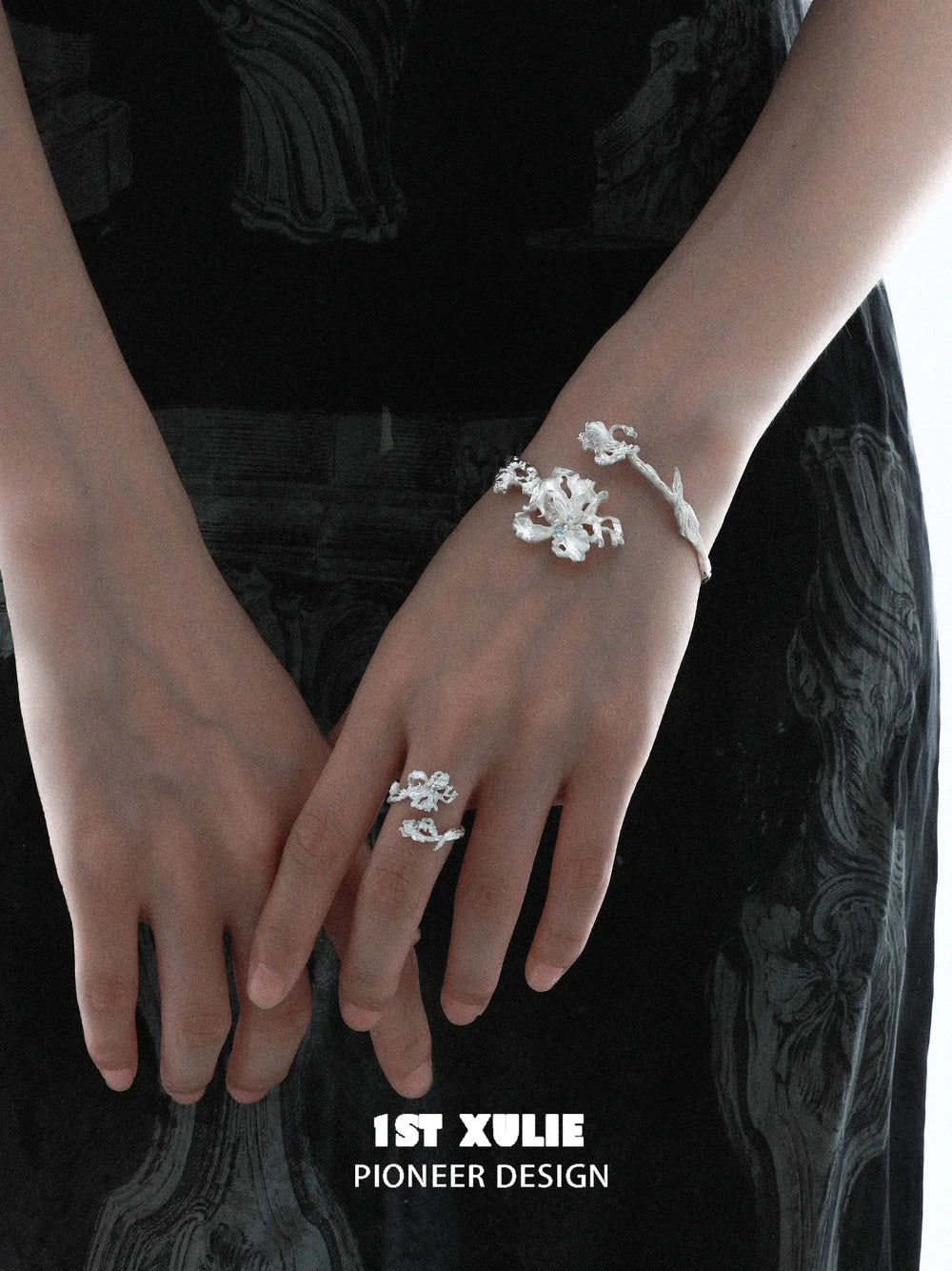 1ST XULIE Jewelry "Irises" Zirconia Iris Bangle in Rhodium Plated - Detail Shot