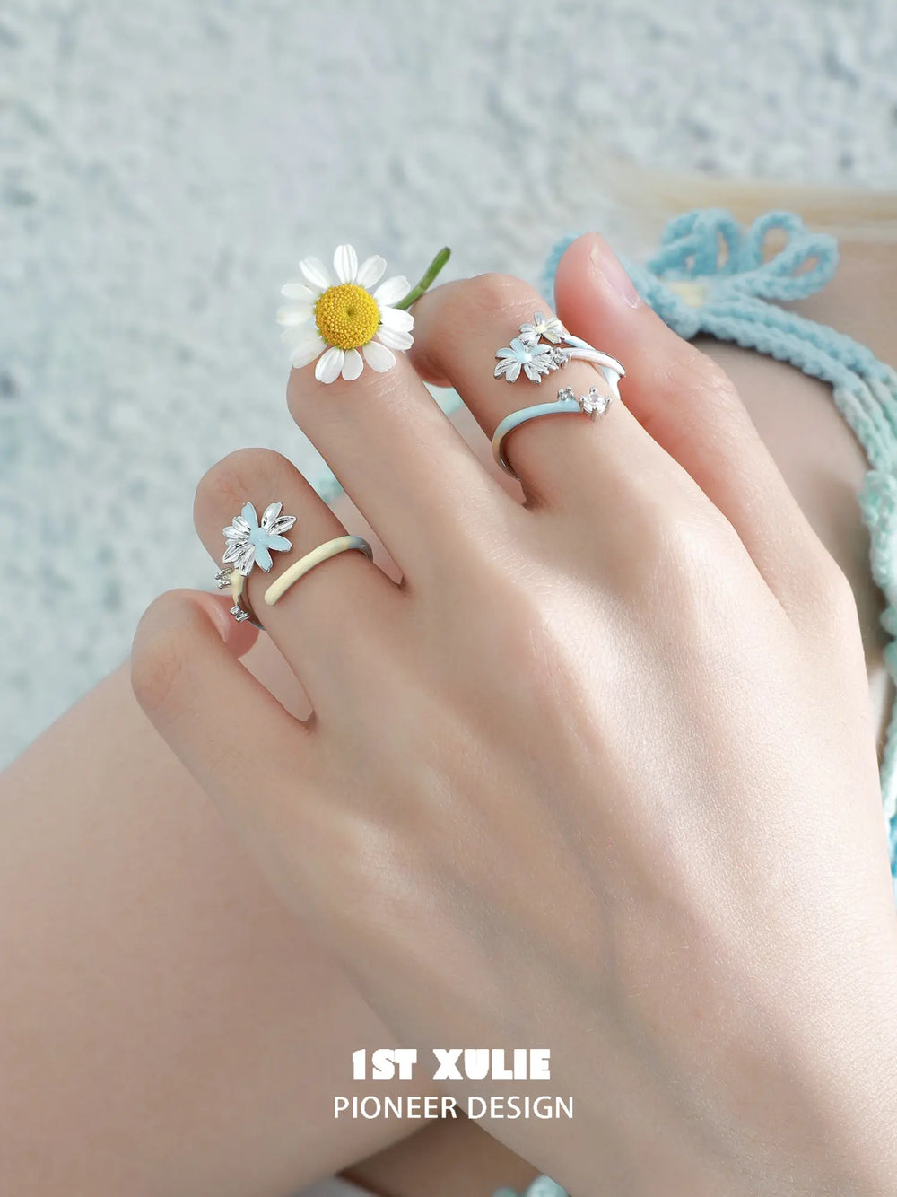 1ST XULIE Jewelry "DAISY" Adjustable Enamel Blooming Daisy Ring in 925 Sterling Silver - Angle 2