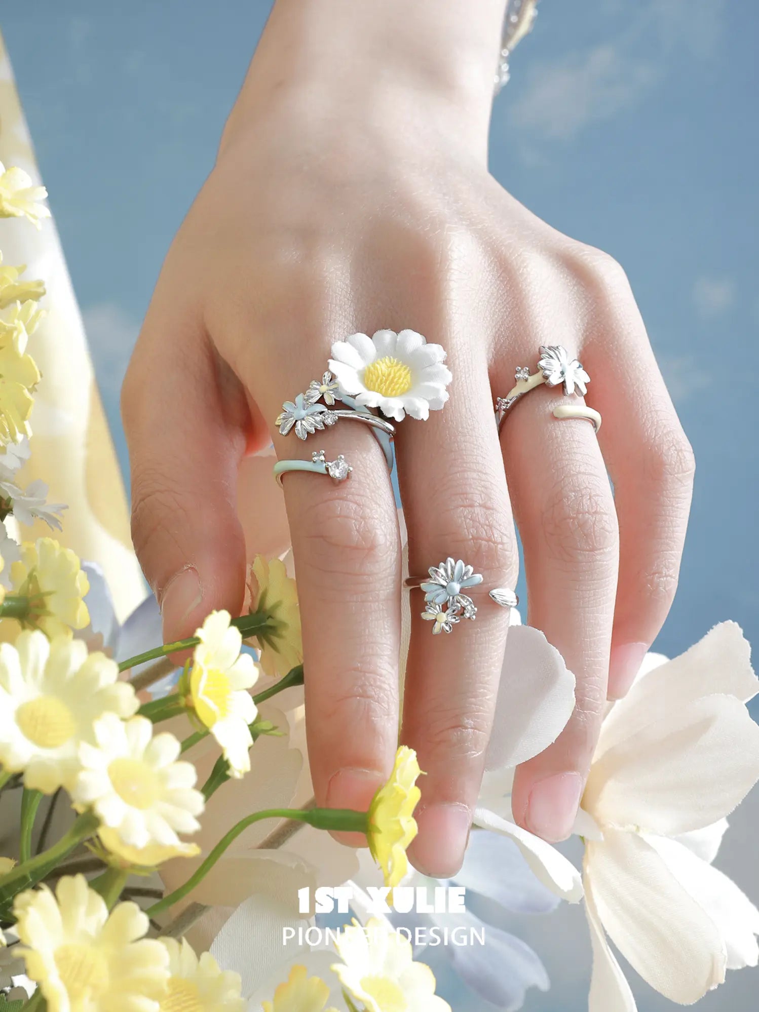 1ST XULIE Jewelry "DAISY" Adjustable Enamel Blooming Daisy Ring in 925 Sterling Silver - Lifestyle Shot