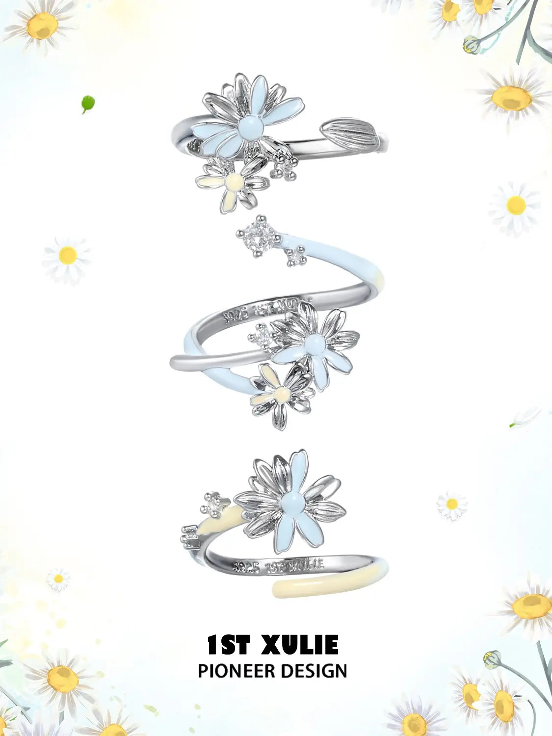 1ST XULIE Jewelry "DAISY" Adjustable Enamel Blooming Daisy Ring in 925 Sterling Silver - Product View