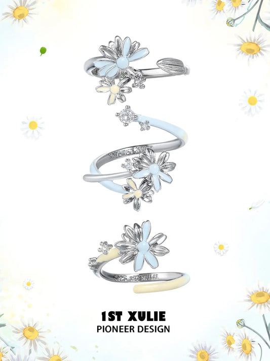 1ST XULIE Jewelry "DAISY" Adjustable Enamel Blooming Daisy Ring in 925 Sterling Silver - Product View