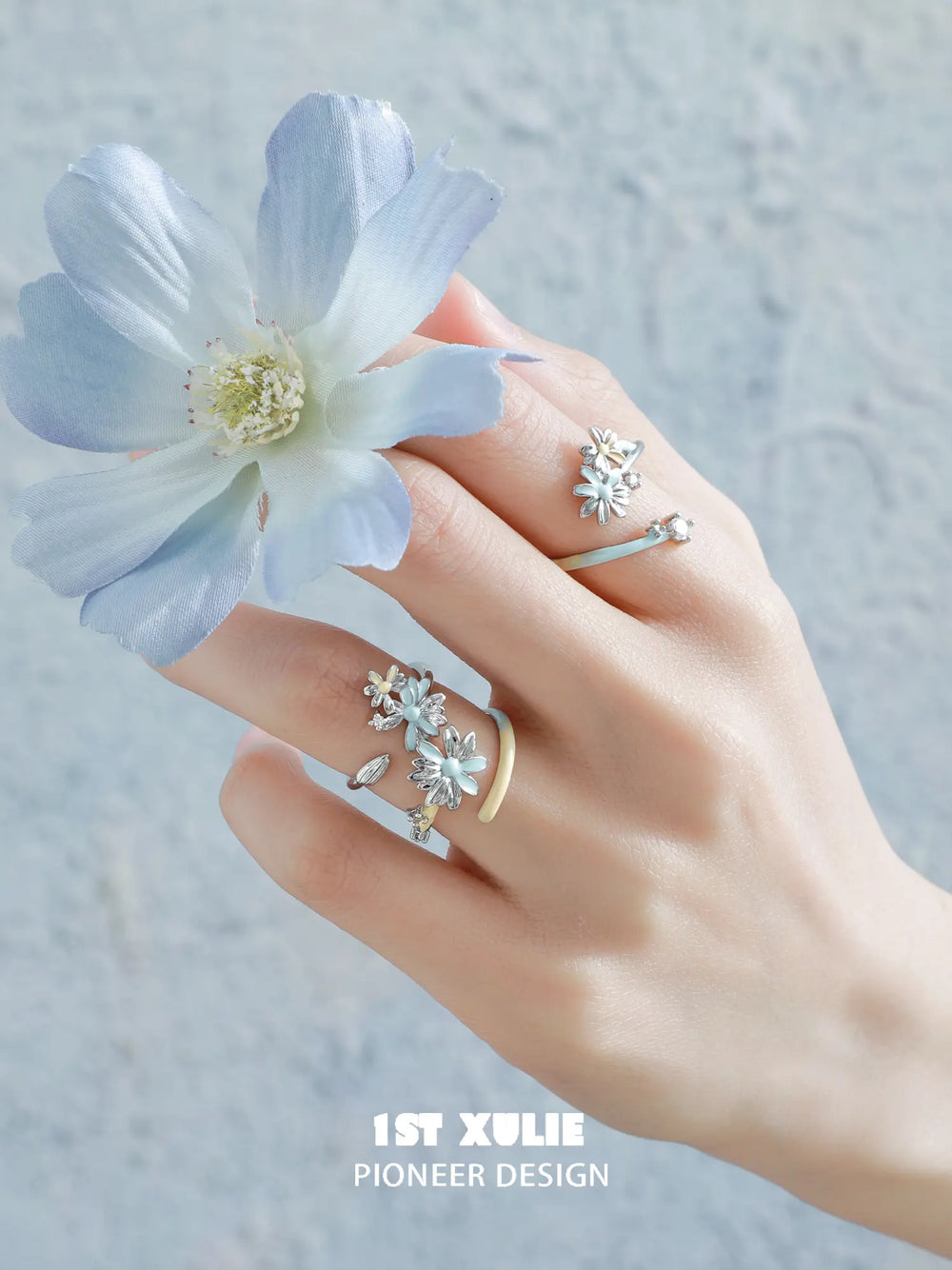 1ST XULIE Jewelry "DAISY" Adjustable Enamel Blooming Daisy Ring in 925 Sterling Silver - On Model
