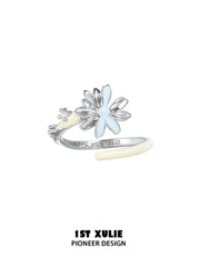 1ST XULIE Jewelry "DAISY" Adjustable Enamel Blooming Daisy Ring in 925 Sterling Silver - On Model Close Up