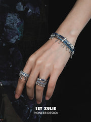 1ST XULIE Jewelry "MIAO" Artisan Tie-Dye Woven Statement Open Ring in Platinum Plated - Lifestyle Shot