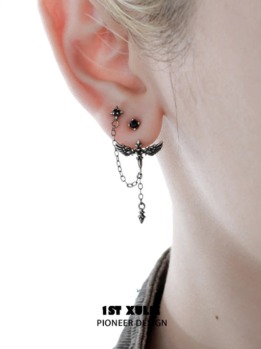 1ST XULIE Jewelry "FALLEN ANGEL" Asymmetrical Fallen Angel Drop Earrings in Brass - Detail Shot