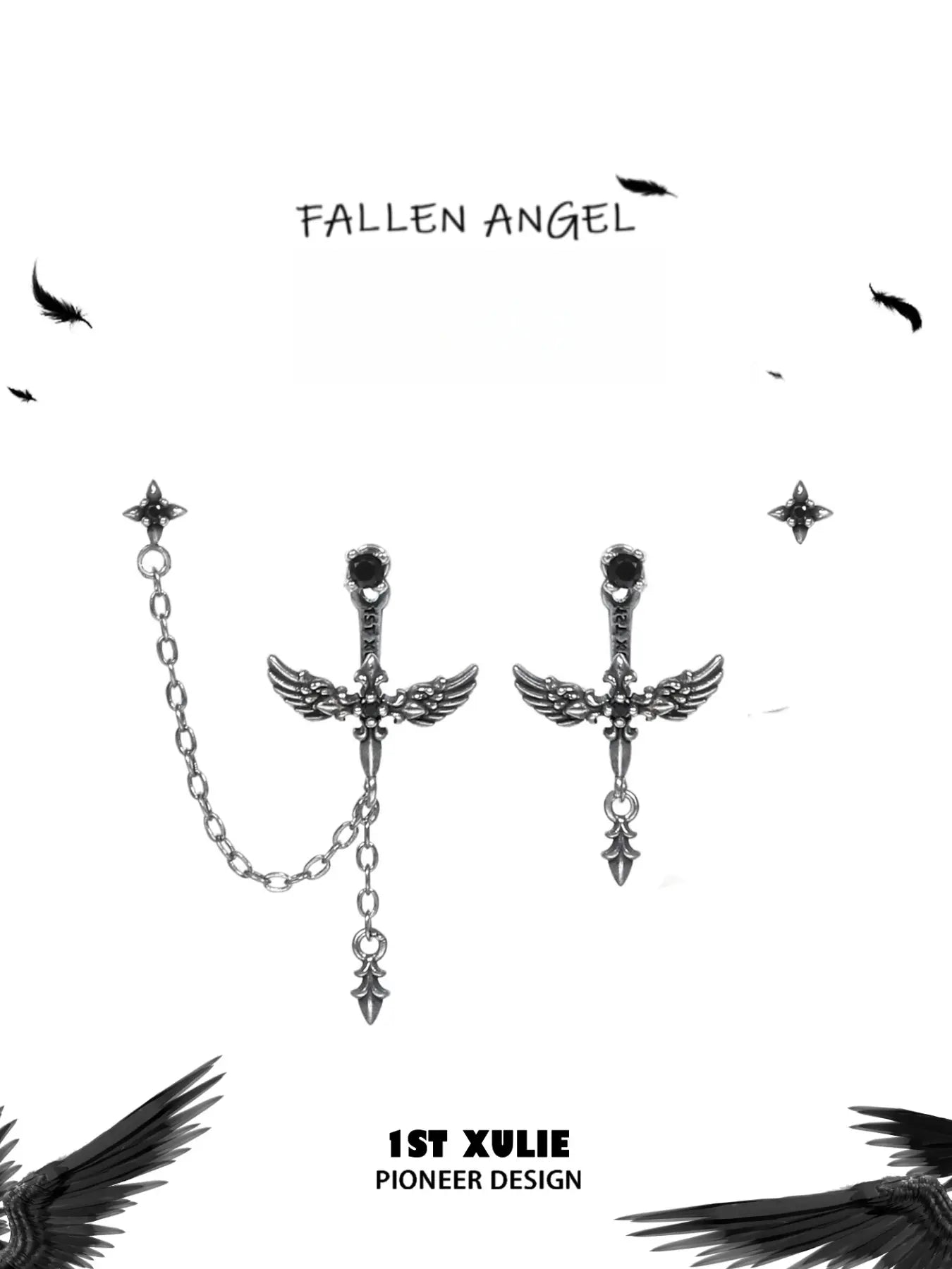 1ST XULIE Jewelry "FALLEN ANGEL" Asymmetrical Fallen Angel Drop Earrings in Brass - On Model