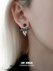 1ST XULIE "Black Swan" Asymmetrical Swan Wing Stud Earrings in Black Gold & Platinum Plated - On Model
