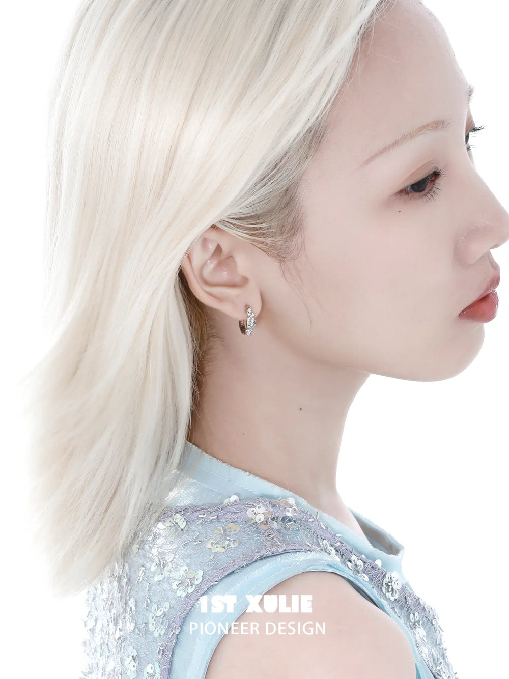 1ST XULIE Jewelry "THE SEA" Azure Sea Fragment Huggie Hoop Earrings in Platinum Plated - Angle 2