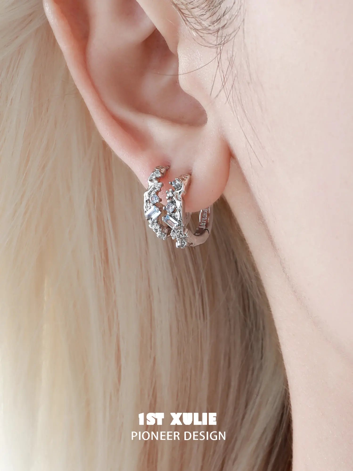 1ST XULIE Jewelry "THE SEA" Azure Sea Fragment Huggie Hoop Earrings in Platinum Plated - Detail Shot