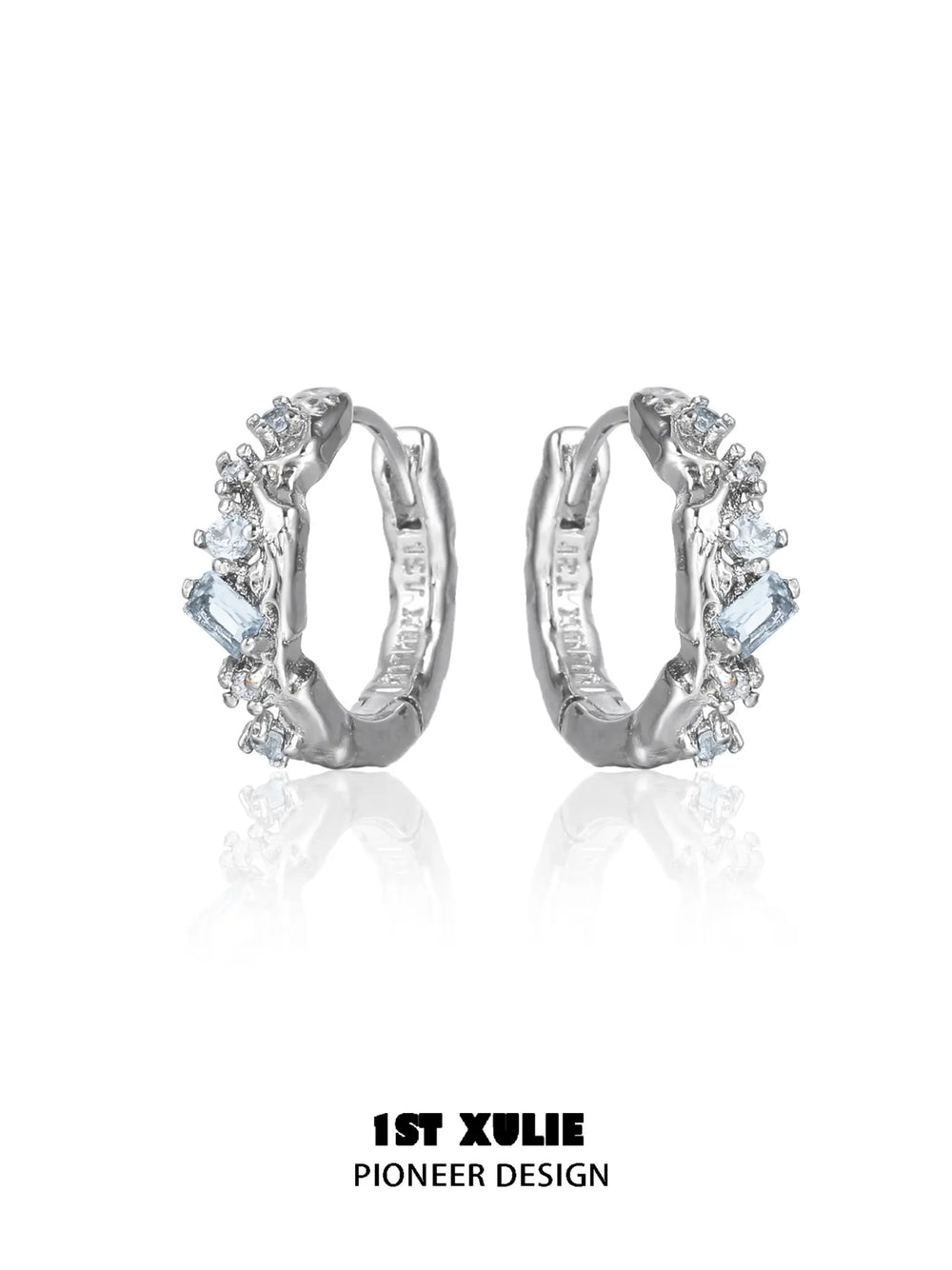 1ST XULIE Jewelry "THE SEA" Azure Sea Fragment Huggie Hoop Earrings in Platinum Plated - On Model