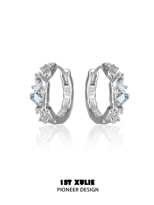 1ST XULIE Jewelry "THE SEA" Azure Sea Fragment Huggie Hoop Earrings in Platinum Plated - On Model