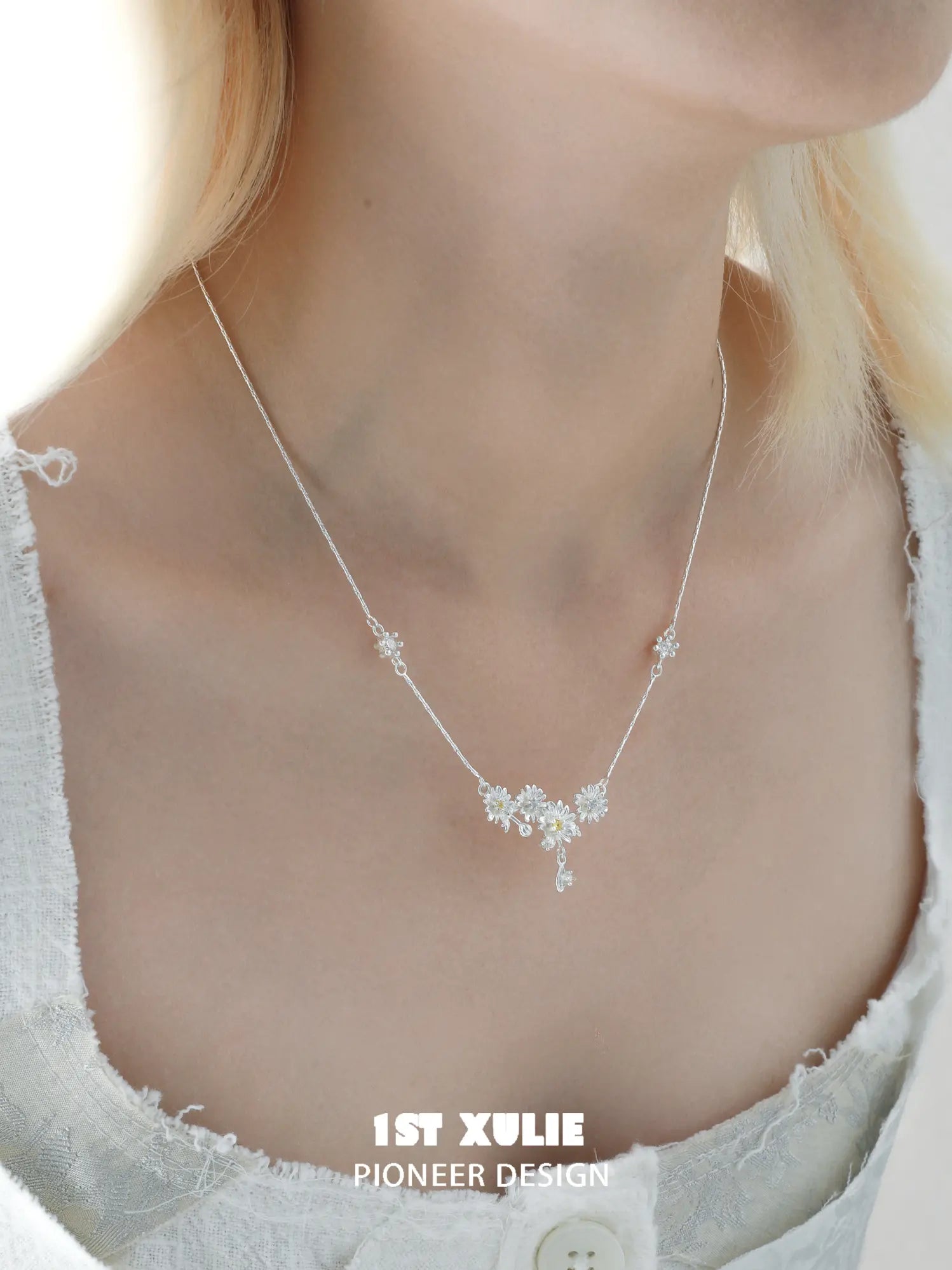 1ST XULIE Jewelry "DAISY" Blooming Daisy Pendant Necklace in 925 Sterling Silver - Angle View 2