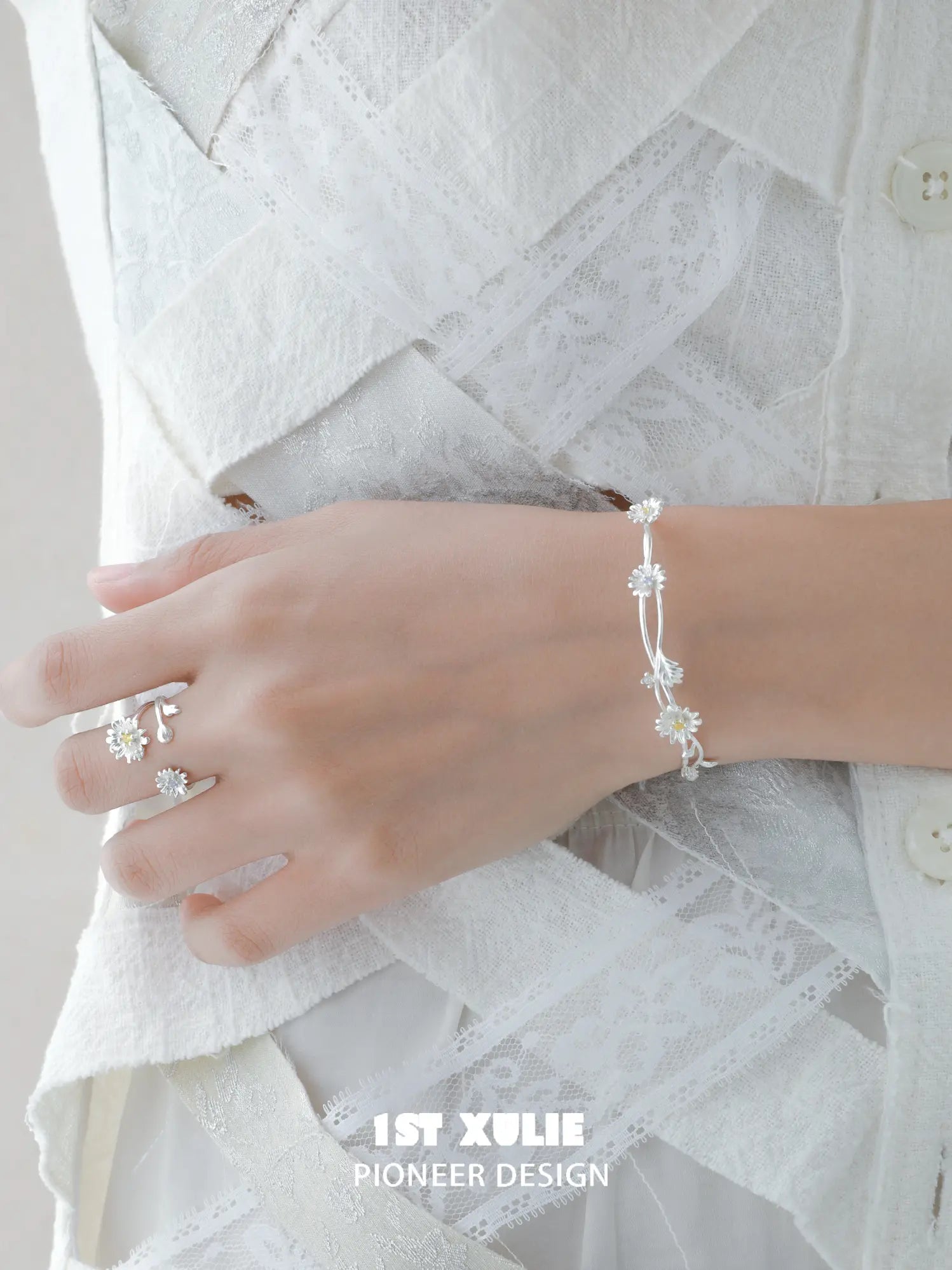 1ST XULIE Jewelry "DAISY" Dainty Daisy Bracelet in 925 Sterling Silver - On Model