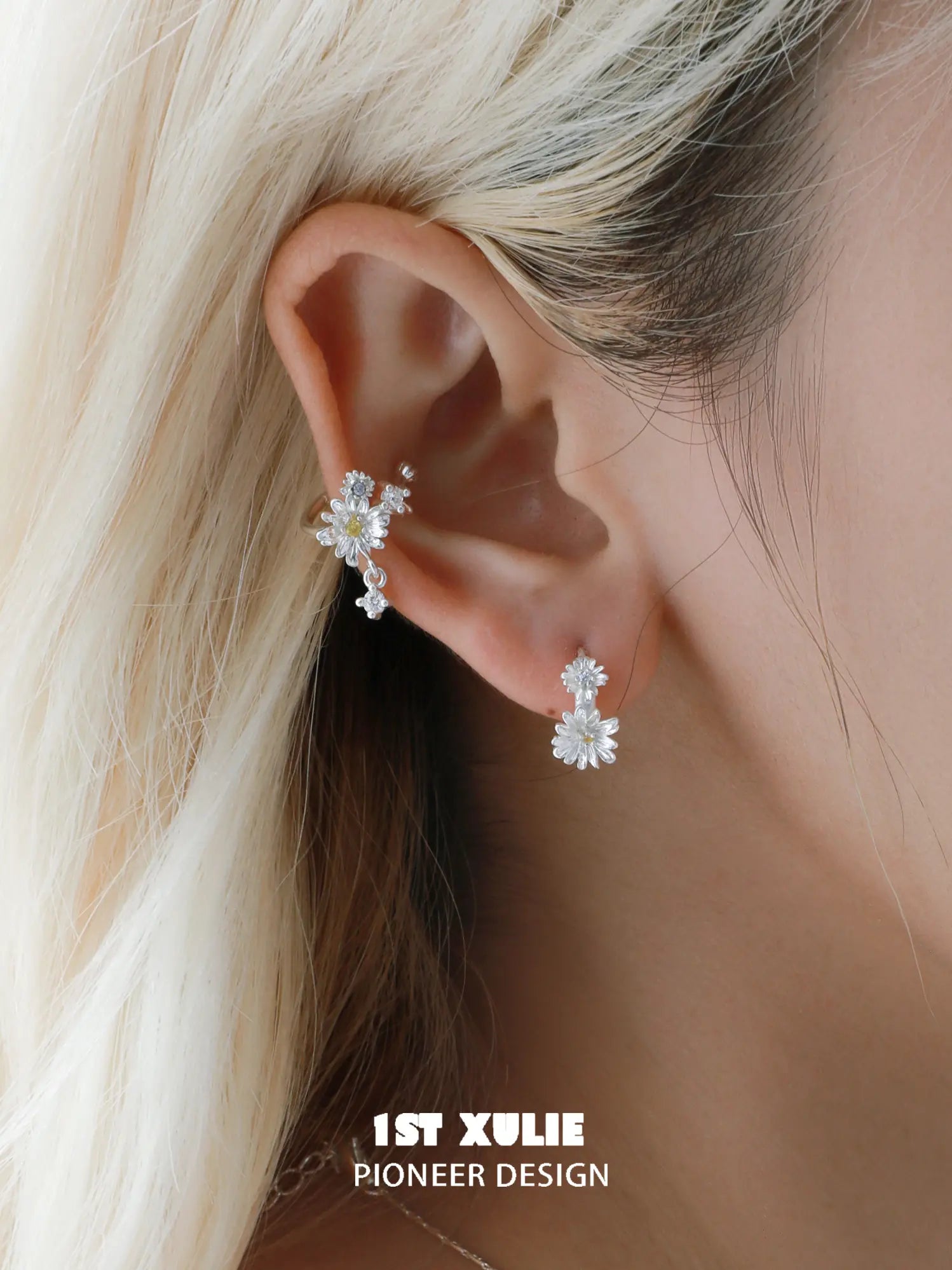 1ST XULIE Jewelry "DAISY" Dainty Daisy Huggie Hoop Earrings in 925 Sterling Silver - On Model