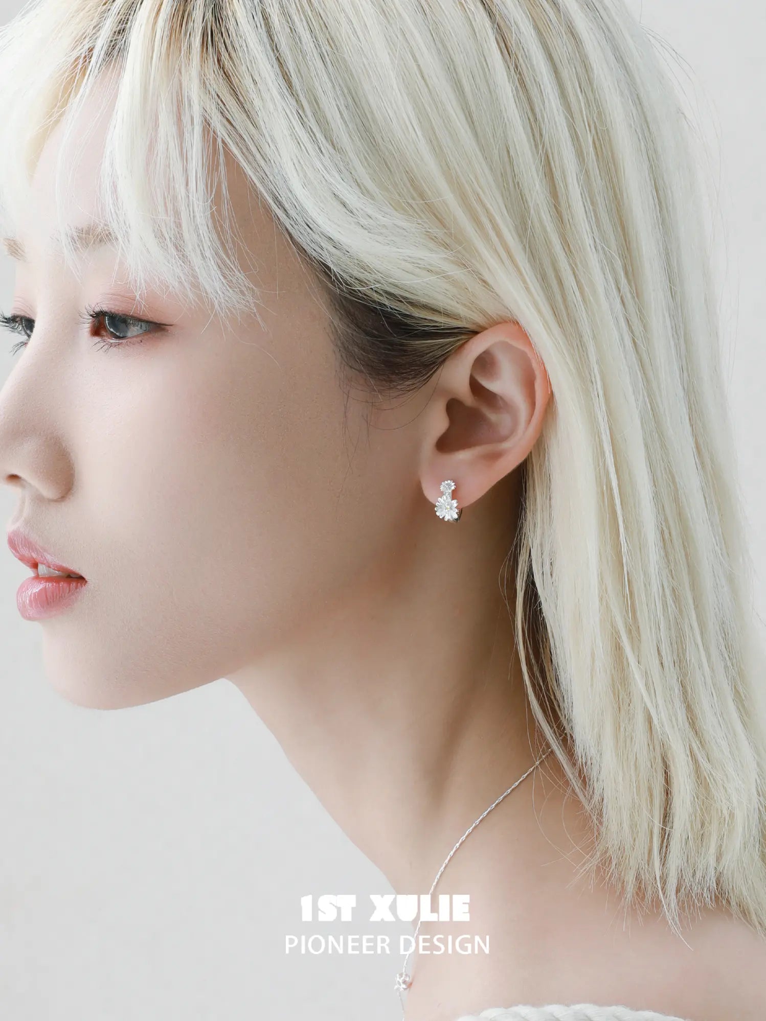 1ST XULIE Jewelry "DAISY" Dainty Daisy Huggie Hoop Earrings in 925 Sterling Silver - Side View