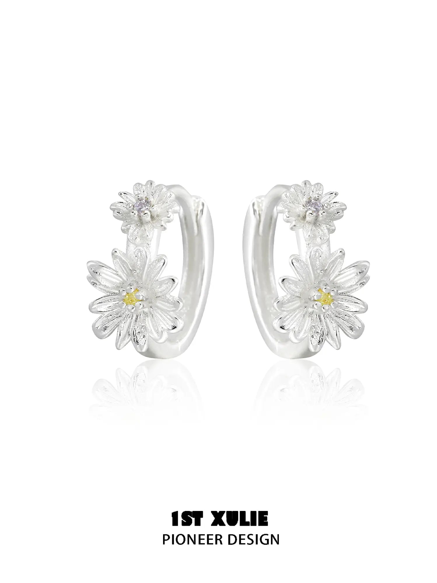 1ST XULIE Jewelry "DAISY" Dainty Daisy Huggie Hoop Earrings in 925 Sterling Silver - Texture