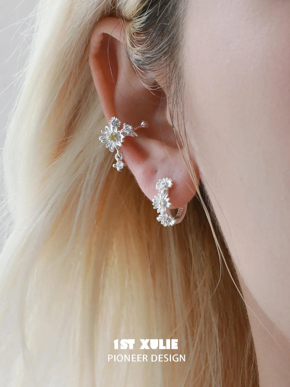 1ST XULIE Jewelry "DAISY" Dainty Floral Daisy Huggie Hoop Earrings in 925 Sterling Silver - Angle 1