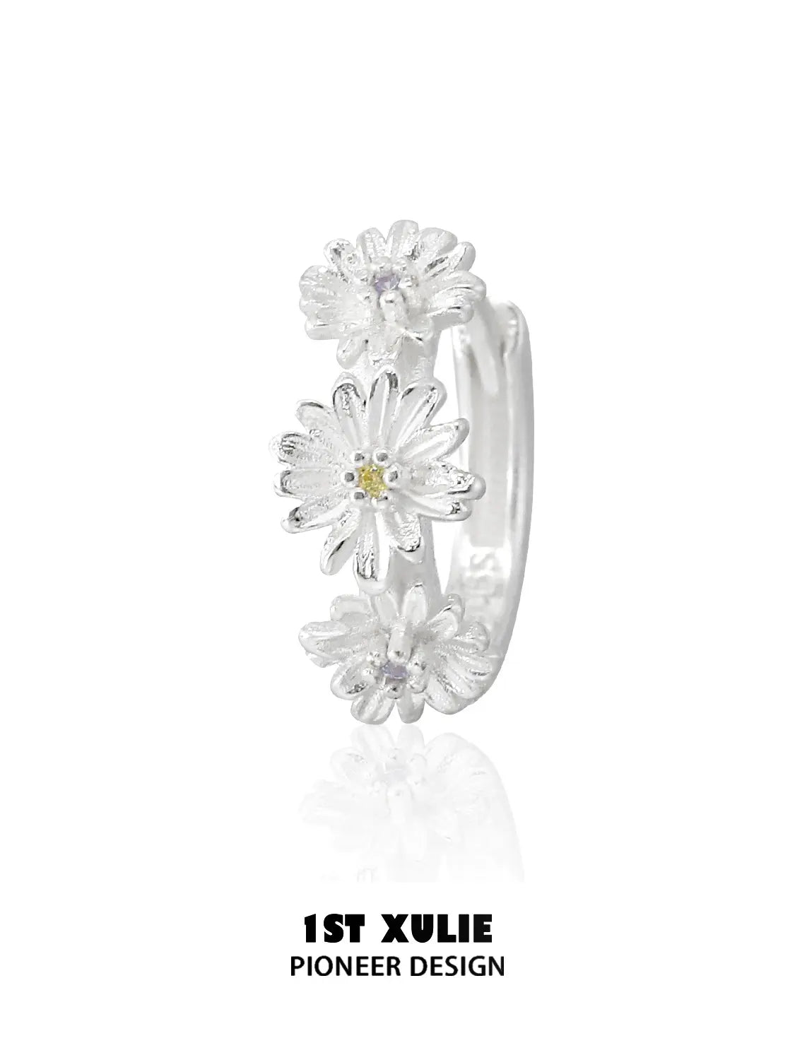 1ST XULIE Jewelry "DAISY" Dainty Floral Daisy Huggie Hoop Earrings in 925 Sterling Silver - Lifestyle Shot