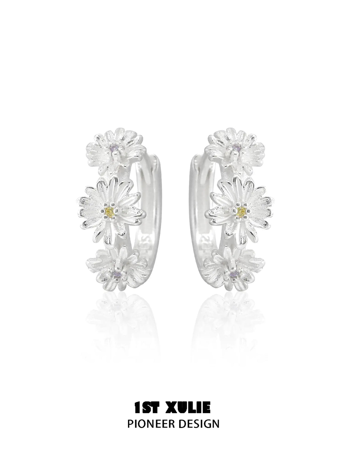 1ST XULIE Jewelry "DAISY" Dainty Floral Daisy Huggie Hoop Earrings in 925 Sterling Silver - Texture