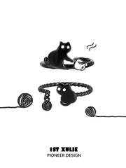 1ST XULIE "Ghosts Black Cat" Dainty Ghost Cat Adjustable Ring in 925 Sterling Silver - Ghost Cat Style Main View