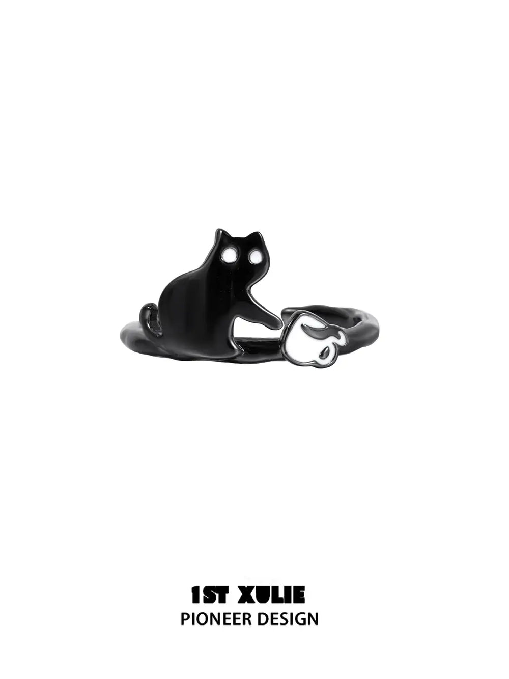 1ST XULIE "Ghosts Black Cat" Dainty Ghost Cat Adjustable Ring in 925 Sterling Silver - Product View