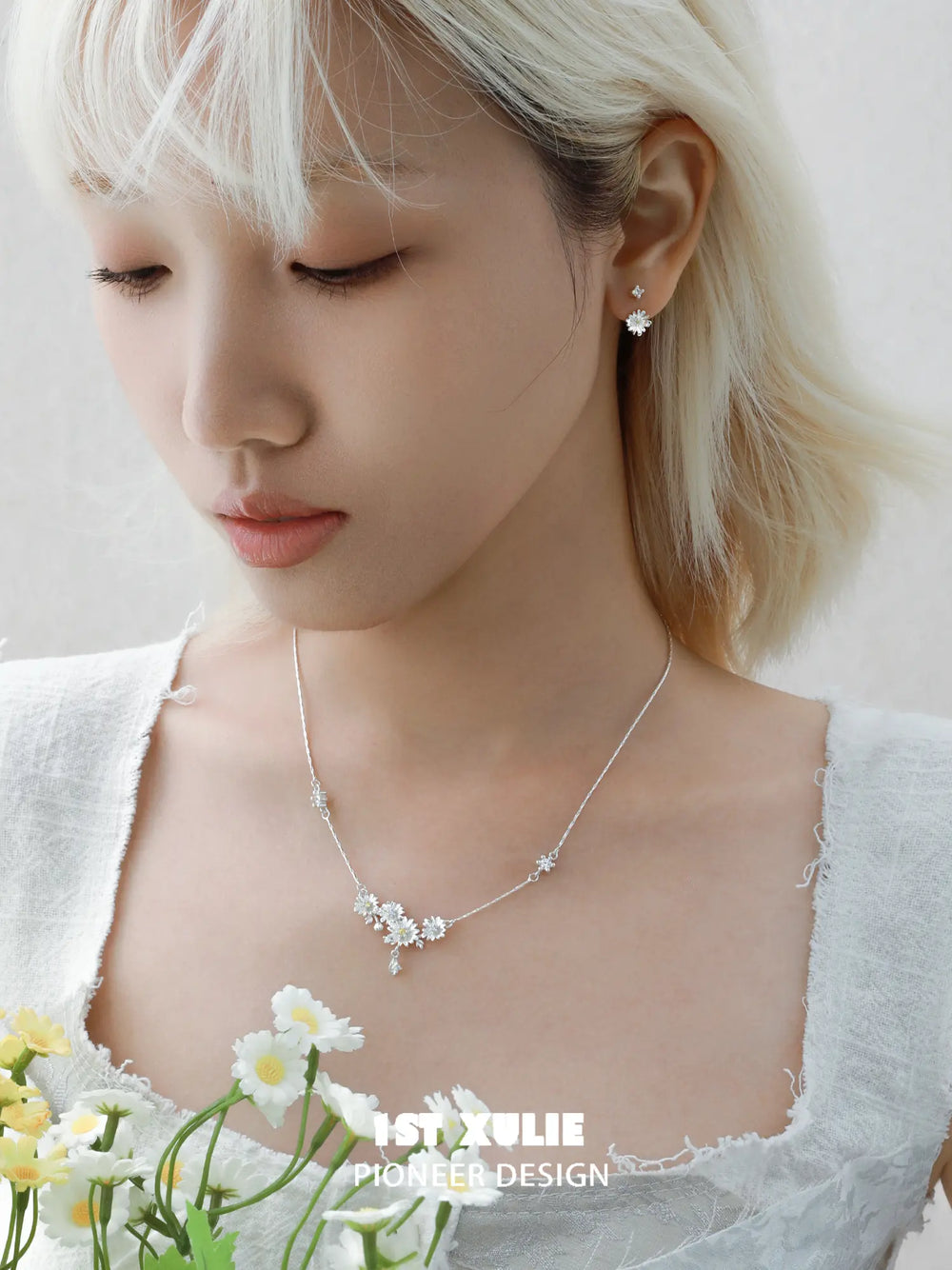 1ST XULIE Jewelry "DAISY" Sparkling Morning Dew Floral Stud Earrings in 925 Sterling Silver - Product View