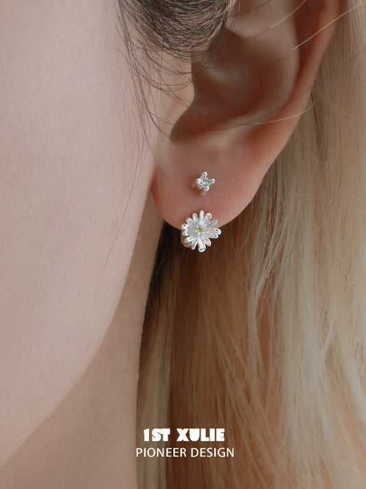 1ST XULIE Jewelry "DAISY" Sparkling Morning Dew Floral Stud Earrings in 925 Sterling Silver - Side View
