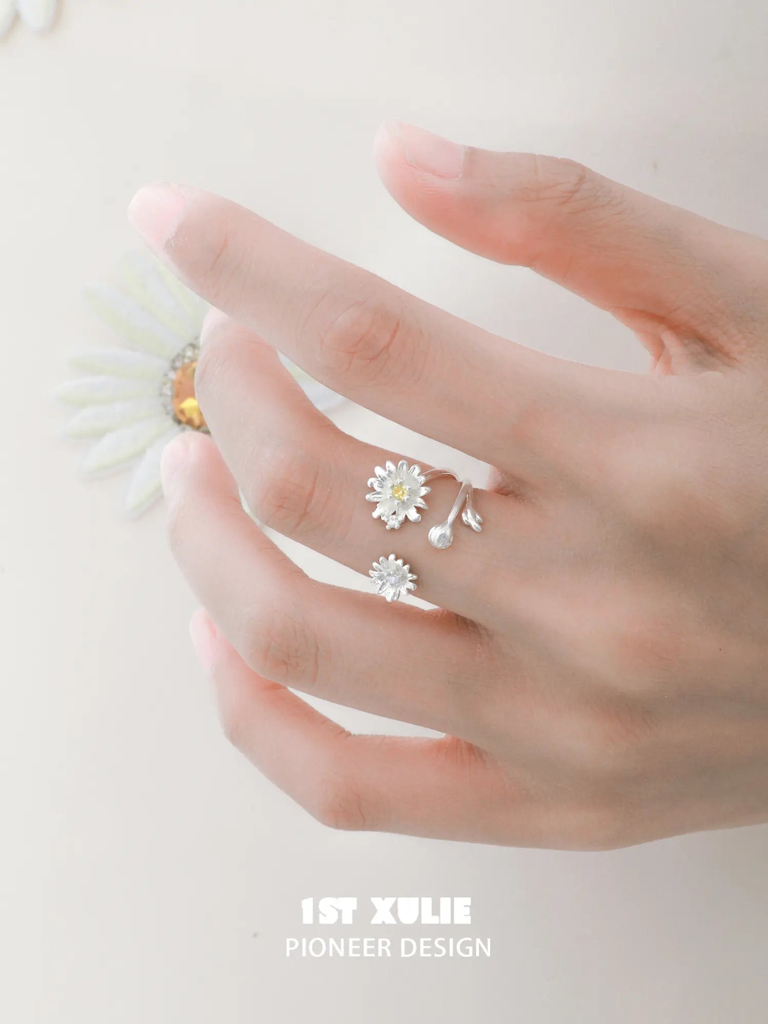 1ST XULIE Jewelry "DAISY" Dewdrop Daisy Ring in 925 Sterling Silver - On Model