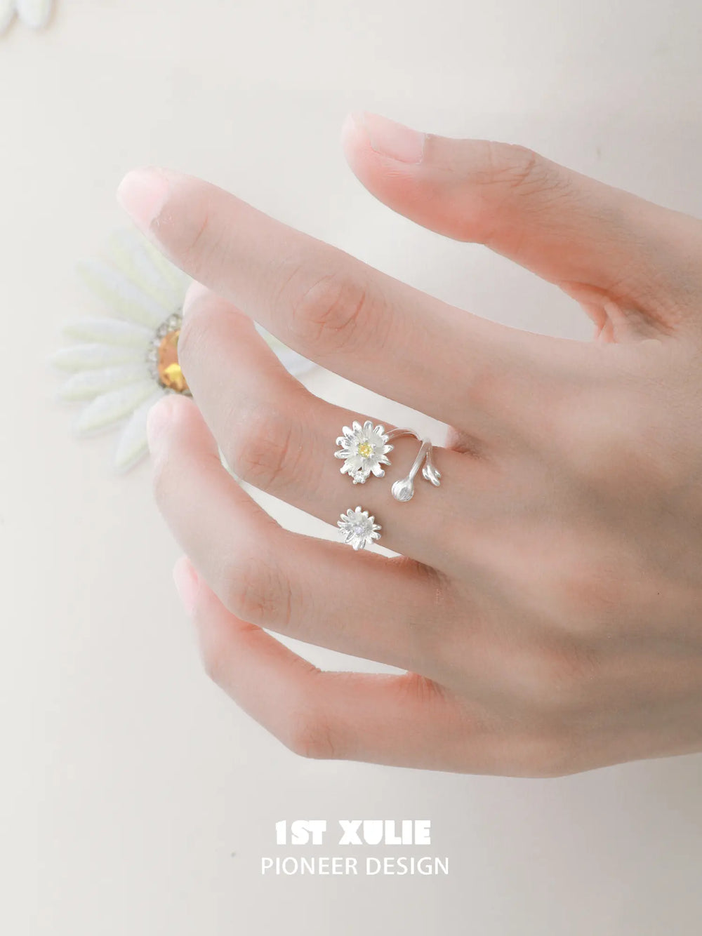 1ST XULIE Jewelry "DAISY" Dewdrop Daisy Ring in 925 Sterling Silver - On Model