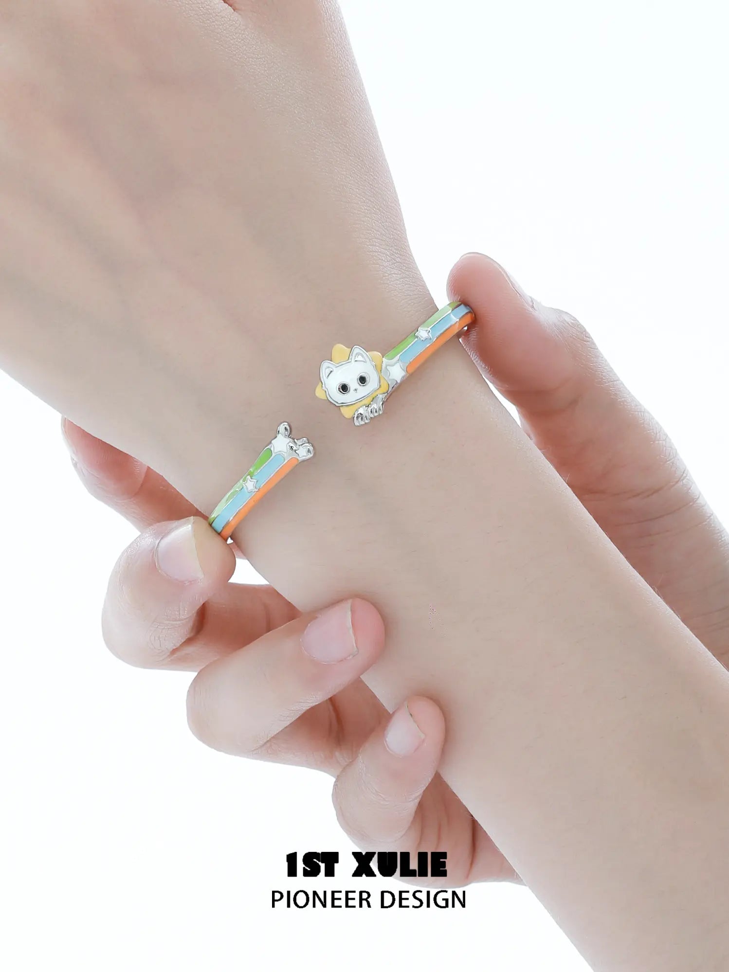 1ST XULIE Jewelry "RAINBOW CAT" Enamel Cat Open Bangle - Angle View