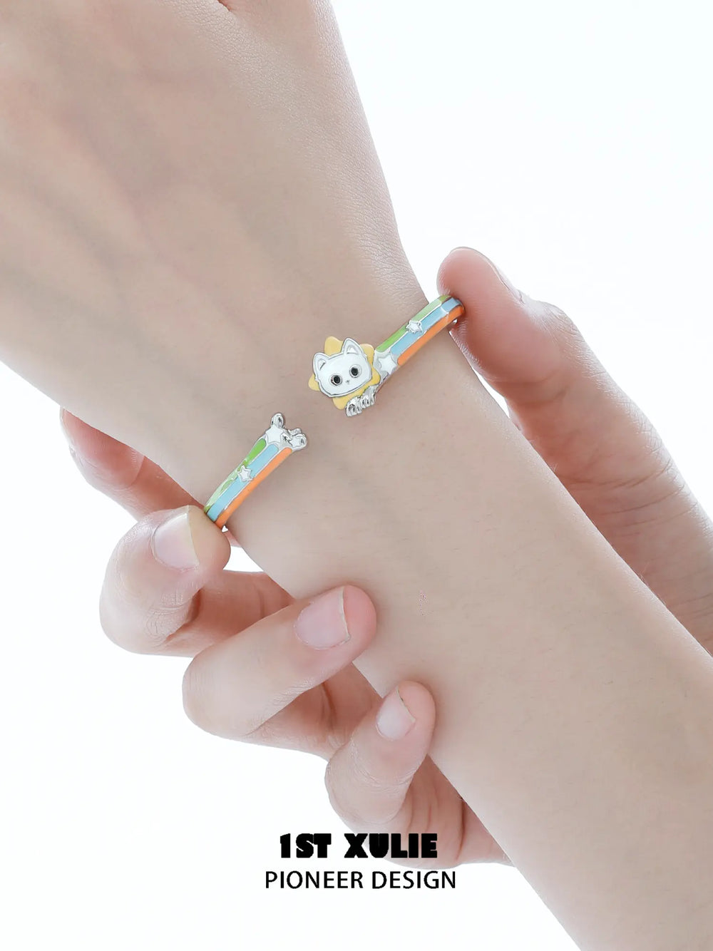 1ST XULIE Jewelry "RAINBOW CAT" Enamel Cat Open Bangle - Angle View